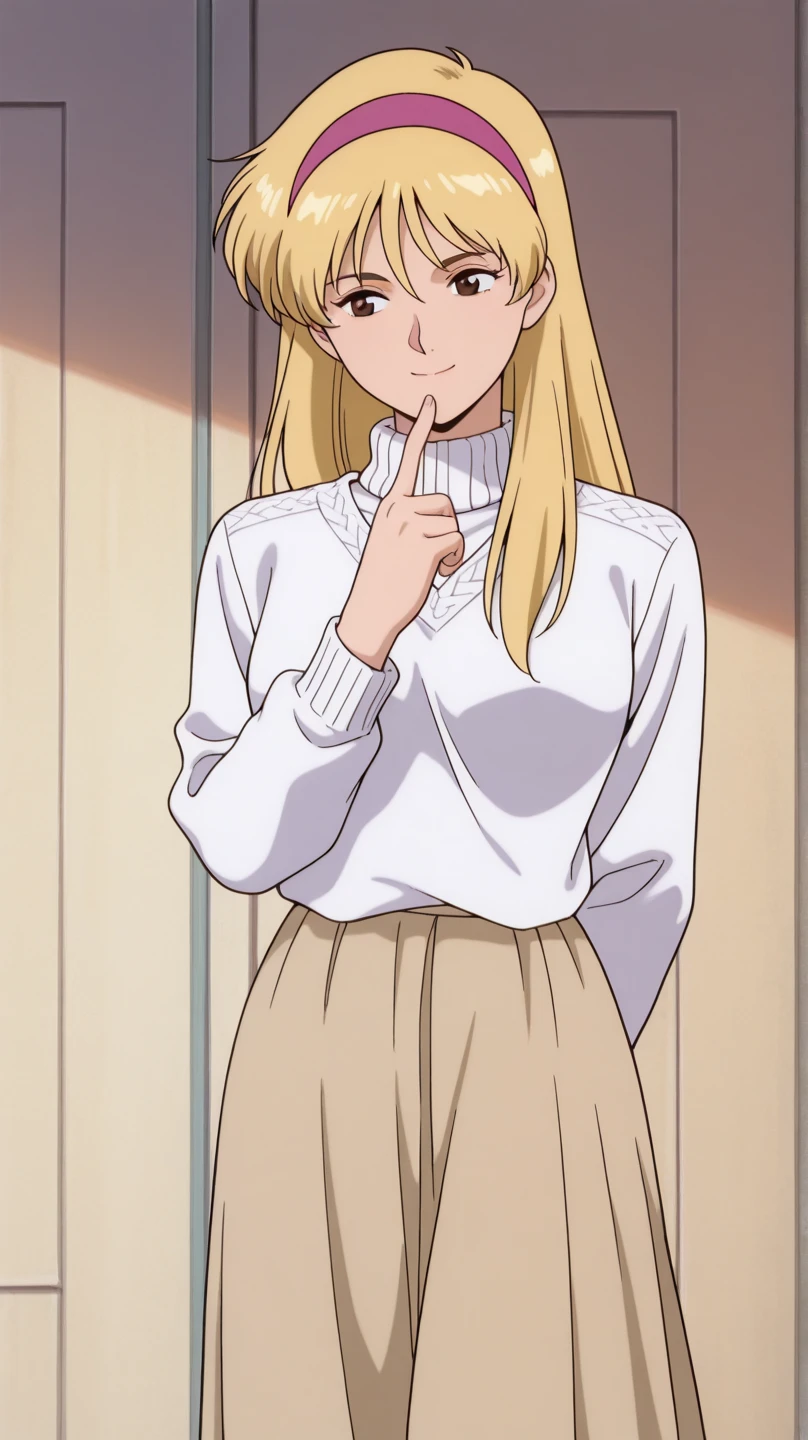 (masterpiece, best quality, amazing quality, absurdres, very aesthetic, detailed background, intricate details,intricate, ultra high res, exceptional, best aesthetic, best quality, cowboy shot, female focus), (solo:1.2), 1girl, katejina loos, blonde hair, long hair, red headband, white sweater, beige long skirt, dark brown boots, one hand behind back, finger touching lips, smile, standing,