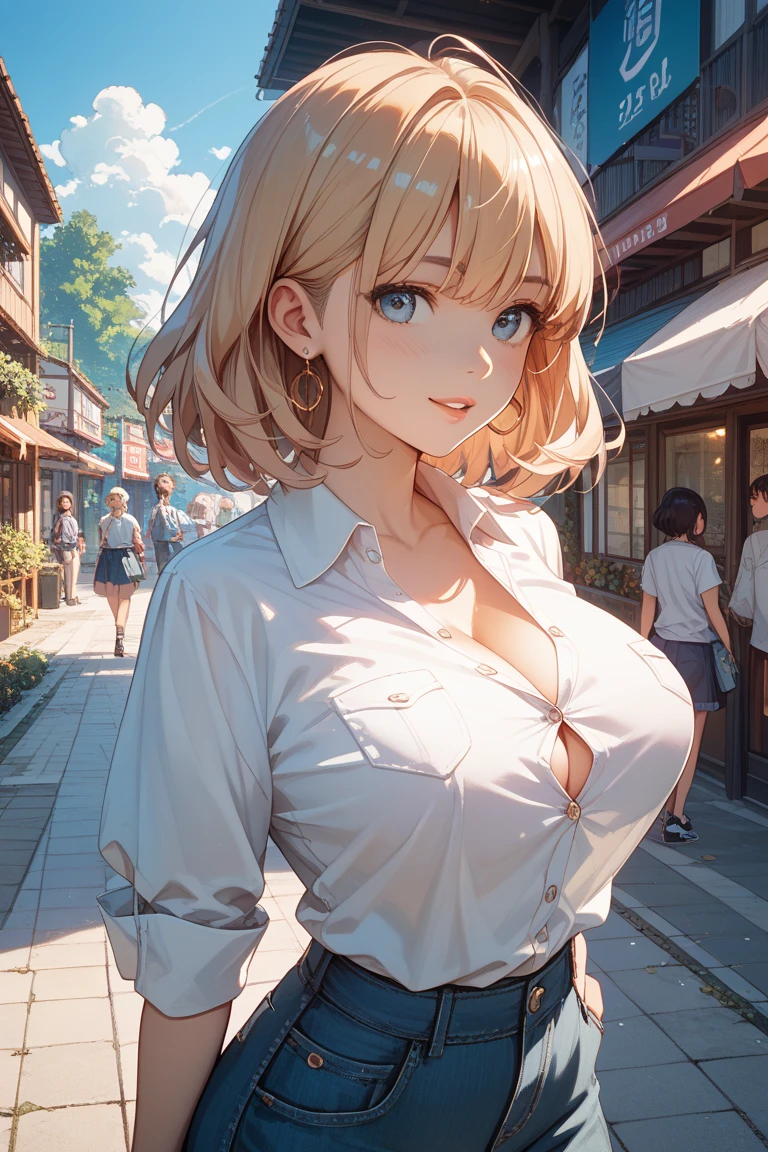 masterpiece, best quality, ultra detailed, detailed eyes, sparkling eyes, nsfw, ((huge breasts, cleavage)), The image depicts a highly stylized, anime-inspired illustration of a young woman standing outdoors in an urban environment. She has a soft and inviting expression, with a gentle smile and large, expressive blue eyes. Her blonde hair, which falls in loose waves, catches the light and frames her face, contributing to the overall warm and inviting appearance. She is dressed in a casual yet fashionable outfit, consisting of a black, slightly unbuttoned blouse that emphasizes her neckline and a pair of high-waisted dark denim shorts that accentuate her slim waist and legs. The lighting in the image suggests it is either late afternoon or early morning, as the sun casts a warm glow across her figure and the surrounding environment. The background includes urban elements like buildings and a street, with a clear blue sky overhead, adding to the serene and picturesque atmosphere. The art style is polished and detailed, with a focus on the interplay of light and shadow to enhance the depth and realism of the scene, while still maintaining the characteristic features of anime art, such as exaggerated facial features and an idealized physique.