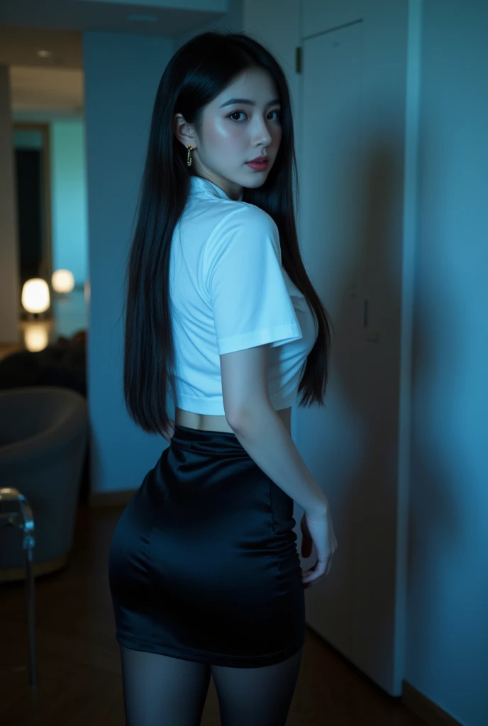 masterpiece, masterpiece, best quality, best quality, real, unity, 8k wallpaper, official art, highly detailed cg unity 8k wallpaper, ulzzang-6500, one girl, cute, professional lighting, ((glossy, long black spandex shorts: 1.37)), long hair, disheveled hair, (original: 1.2), (real: 1.4), ultra detailed, high resolution, super detailed, fantastic, Fine details, cinematic lighting, simple costumes, detailed clothing texture, bed, sleeping, back view, buttocks, projected from above. (8k, RAW photo, highest quality, masterpiece: 1.27), (realistic, photorealistic: 1.37), physically based rendering, handsome, masterpiece, highest quality, high resolution,