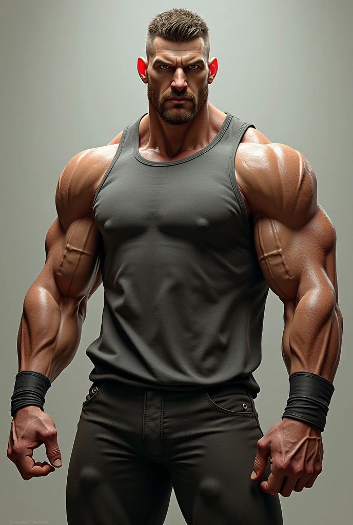 A character with four arms on him a body with four muscular bars muscular legs well-defined abs is athletic is wearing a black t-shirt has a beautiful face