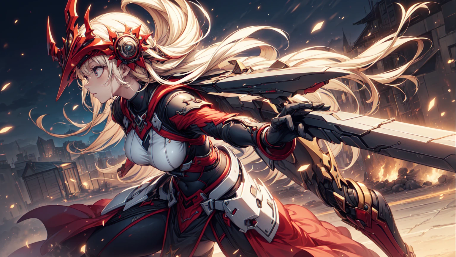 Huge mecha girl with long white hair，Chest，Full body red armor，robot，mechanical joint，waist thruster，high heels，Sci-fi city
