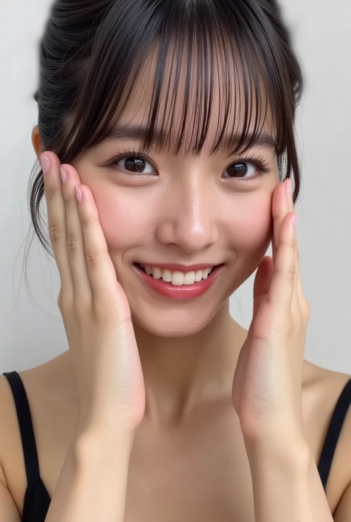 １people、Delicate skin quality、日本people、((Highest quality, 4K, Masterpiece: 1.3)), Beautiful style: 1.4, Long brown bob, Completely naked, Large Breasts, Wet body, Sweaty, smile, Empty-handed, Highly detailed face and skin texture, Fine grain, double eyelid、The whole body is visible、White teeth、Teaching lessons、Right palm up、To be able to see the whole picture