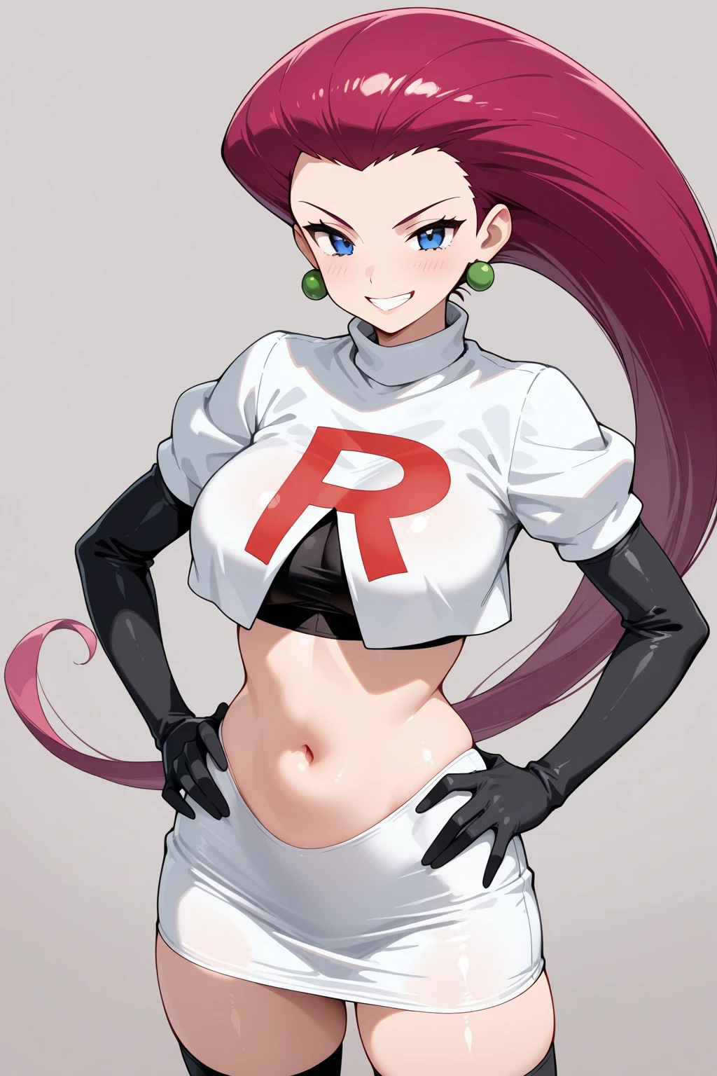 <lora:JesseRocket:0.7>, jessie\(pokemon\), hair slicked back, team rocket outfit, solo, crop top, gloves, jewelry, earrings, long hair, elbow gloves, blue eyes, black gloves, team rocket, breasts, red hair, thighs, very long hair