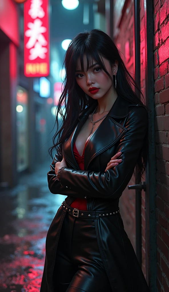 Dark dress,,Long Hair,Revealing dresses,In the city,darkness,Red Moon,bat,knife