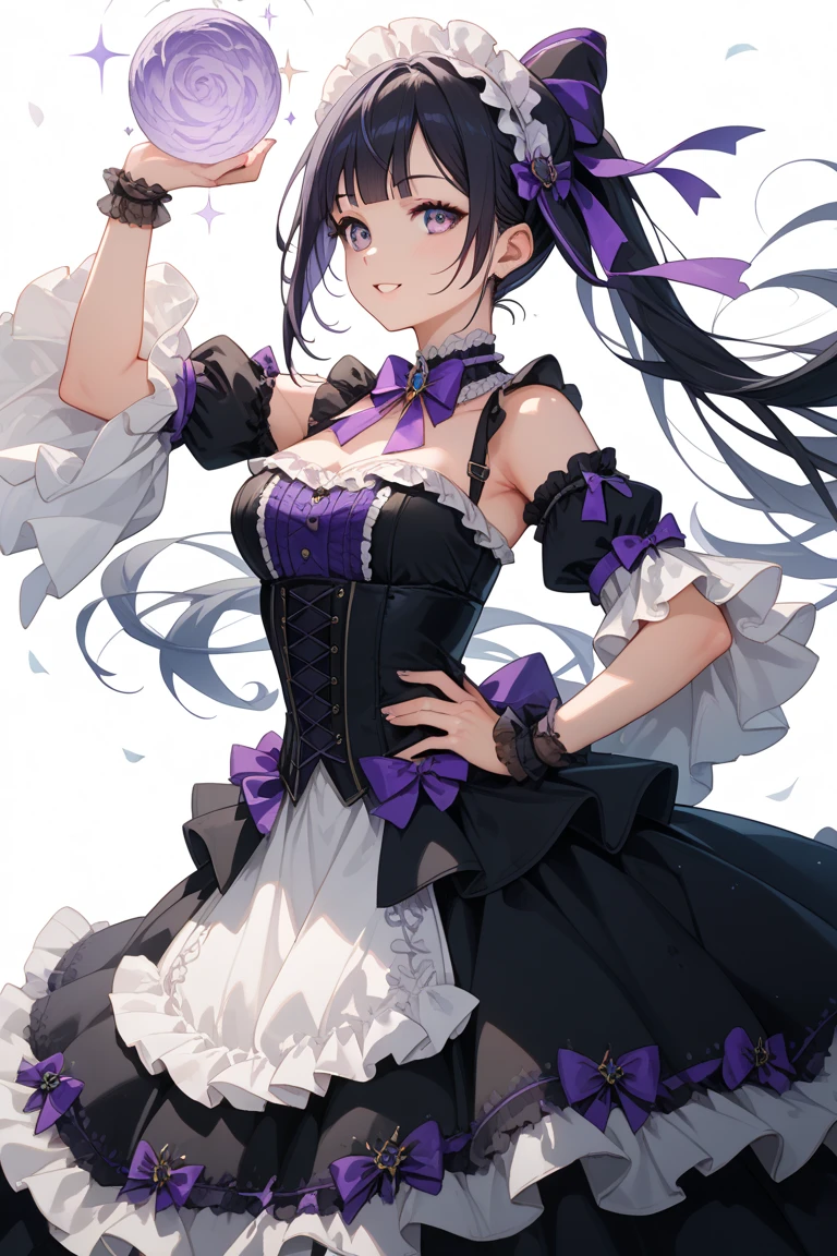 highest quality、All limbs、Full Finger、Perfect limbs、Slender beauty、two buns、Black Hair、Purple Eyes,Pink Cheeks,White and purple idol costume、Dark purple panties、Knee-high socks、Beautiful big breasts、Exposed thighs,Live Stage、sing、Dancing、Big smile,The white spotlight shines on her.