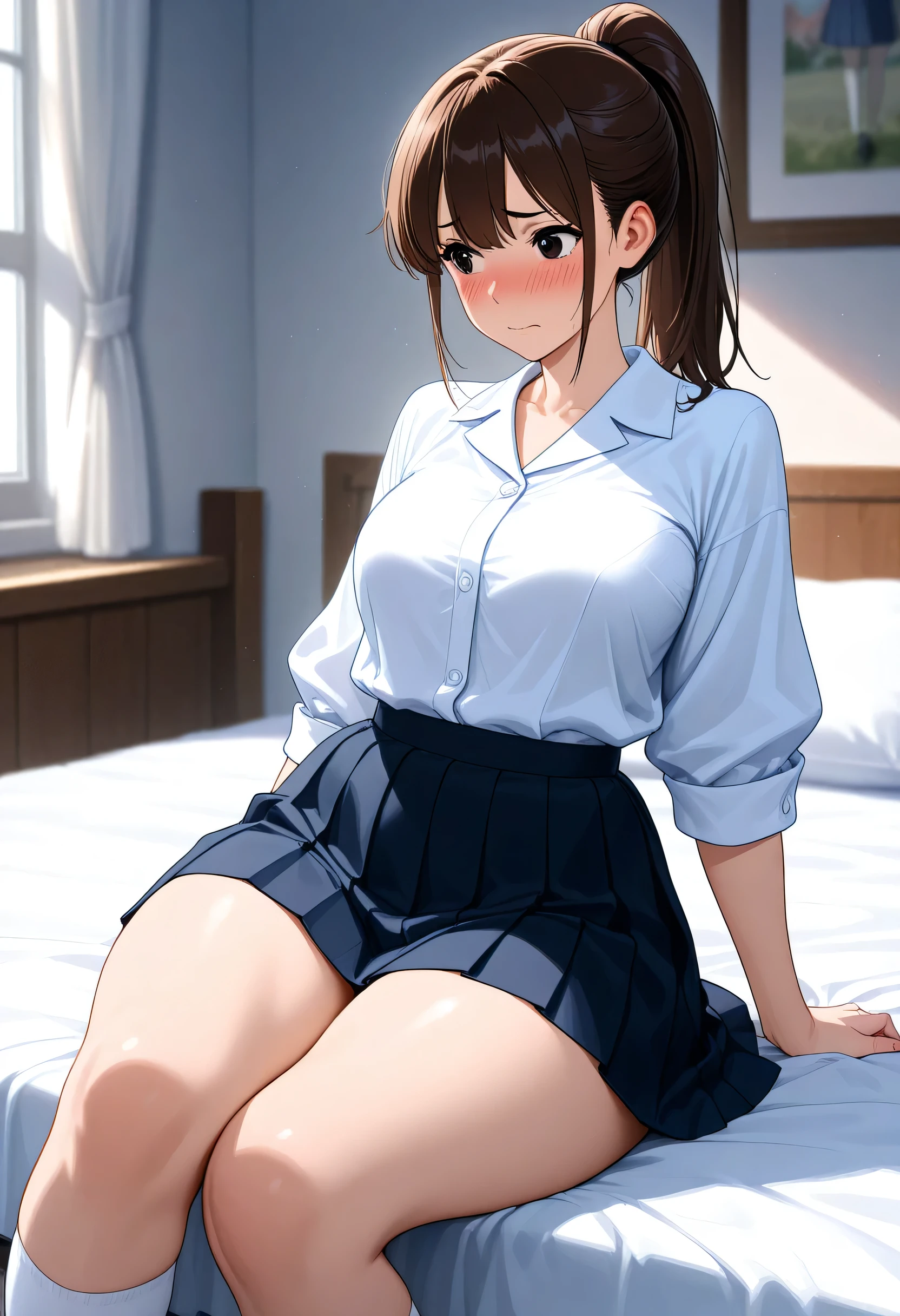 ((Tabletop, Highest quality, High resolution, Hmph, Pixel perfect, 4K, Hmph, Hmph))), 1 person, single, alone, Beautiful woman、I could see the whole body、 ((Short Wavy Hair, bangs, Brown Hair)), ((Brown eyes, Beautiful eyelashes, Realistic eyes)), ((Detailed face, blush:1.2)), ((Smooth texture:0.75, Realistic texture:0.65, Realistic:1.1, Anime CG style)), Medium chest, Dynamic Angle, Perfect body, ((school uniform, White shirt, Black Skirt, Unbuttoned shirt、Checked skirt、No shoes、White socks)), An empty classroom、Sit at a desk、..、evening、、、Very embarrassing panic smile、(Lift up your skirt with your right hand、Spread your legs、Open your knees wide、Light blue floral lace panties)、、(Pink lace bra)、Angle from below