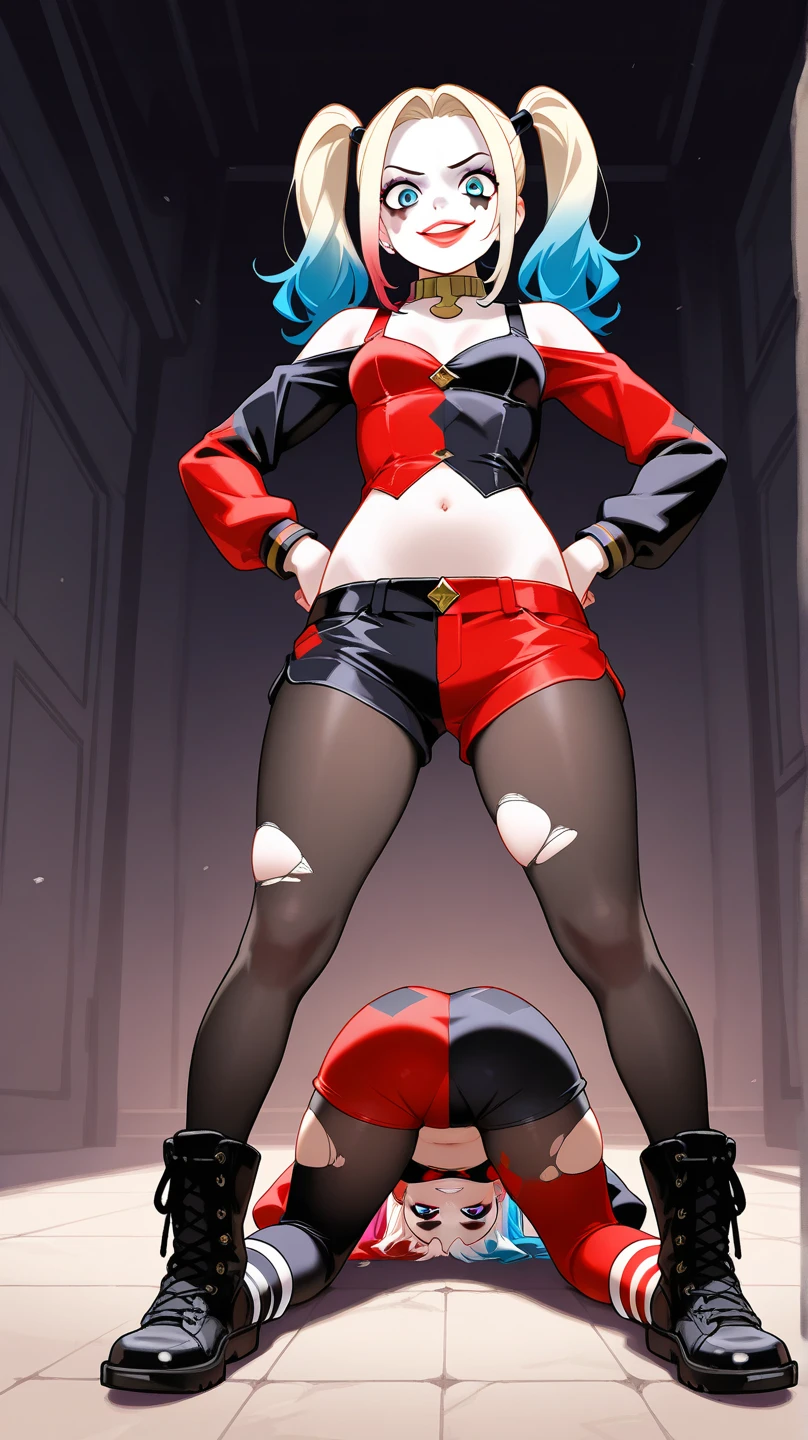 harley quinn, red and black costume, mini skirt, cameltoe, panties, upskirt, pee, peeing,piss,pissing, in the street, have to pee, peeing self, scared face, open mouth, swide eyes