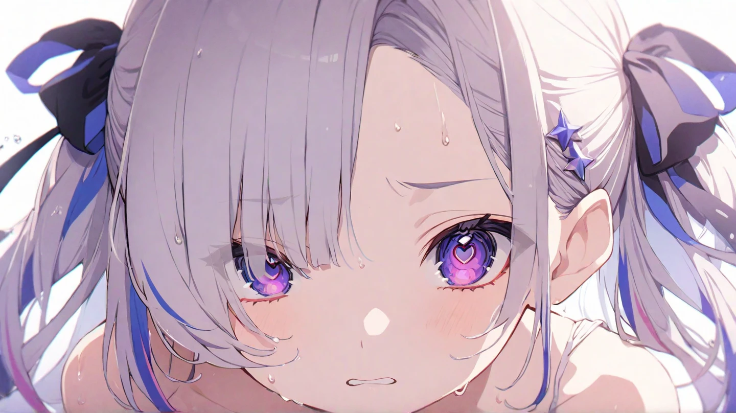 (musterpiece), (best quality), (score_9, score_8_up, score_7_up), very detailed eyes, expressive eyes, perfect face, very detailed face, highly detailed face, beautiful girl, 8K, beautiful girl, (white background:1.3), delicate and beautiful face and eyes, dark intense shadow, 1 girl, vtuber style, cool girl, hololive, vtuber, amane kanata, multicolored hair, grey hair, streaked hair, short hair, hair between eyes, purple eyes, sharp eyes, white T-shirt, , close one eye, look up, small chest, underpants, sweat, wet body, wet hair, clavicle, (full body), sweating, wipe sweat, hot, doggystyle, sweating, from back, ass focus,
