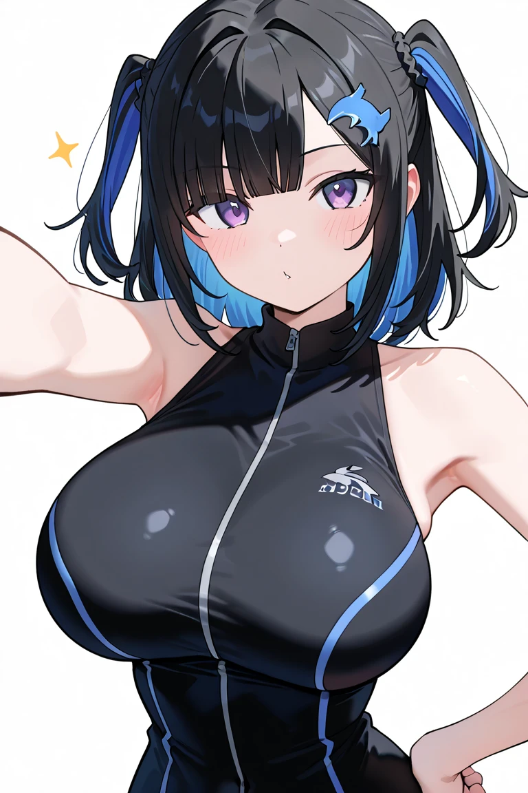 1girl, large breasts, breasts, wide hips, thick thighs, purple hair, short hair, very short hair, yellow eyes, one-piece swimsuit, black one-piece swimsuit, competition swimsuit, smug, smirk, smile, full body