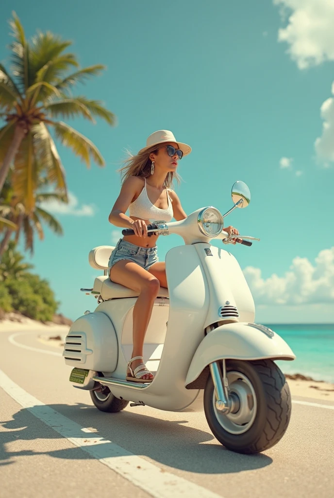 8K分辨率, (RAW image quality), ​masterpiece, top-quality, 1girl in, 15yo student, a white bikini, Black sunglasses, short-cut, Vespa, blue-sky, Strong sunlight, shores, Palm trees, Detailed CG image quality, 8mm fisheye lens, fullllbody, Precise CG image quality