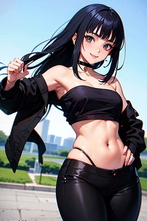Draw a manga-style character with a physical appearance with this shape of Orange hair with black highlights, tied in two ponytails shaped like jaws, similar a Mawile de Pokémon, ojos rosados, brillante, and expressive and with a slim and athletic build., Atuendo Upper Body Chaqueta de cuero blanca con detalles cyberpunk, such as integrated LED lights or futuristic lines, Bikini deportivo Lower Body en naranja, blanco, y colores negros, blending with cyberpunk style while allowing freedom of movement for physical activities, Personality Creative and curious Always looking for new experiences and forms of expression., Su mente creativa la impulsa a explorar constantemente nuevas ideas y conceptos, longitud largo del cabello