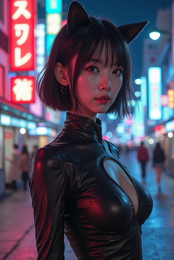 In the night city background、This image depicts a beautiful Japanese girl sitting indoors surrounded by glowing neon lights.。The beautiful girl is wearing a black vinyl outfit.、The costume is tight fitting and has an off-the-shoulder design.。Her short black hair fell over her face.、She has an ennui look on her face.。
Posing、Sit on one knee、Place one hand on your knee、The other hand is placed on the floor。Her eyes are fixed on the camera、It makes a strong visual impact。Thin fabric clothing、The reflection of light emphasizes the glossy texture.。
As a photographic technique、Consists of a vertical screen、The blue light of the neon lights reflects softly all over the place.、It creates a fantastic atmosphere。The balance of light and shadow is skillfully adjusted.、The texture of the subject's skin and the luster of the clothing are realistically expressed.。Blurred city lights visible through a window in the background、It enhances the urban atmosphere at night.。