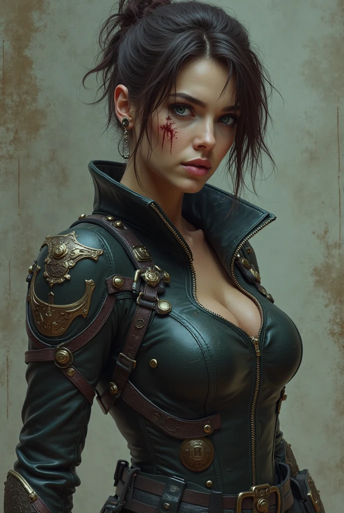 (best quality,realistic:1.2) (illustration style,realist:1.1), (detailed:1.1) and (photorealistic:1.37) portrait of a (female persona) with (green dark eyes) and (dark red and short hair). She has a (serious) expression and is wearing (traditional steampunk clothes). Her character is depicted with (small breasts). Make some other poses