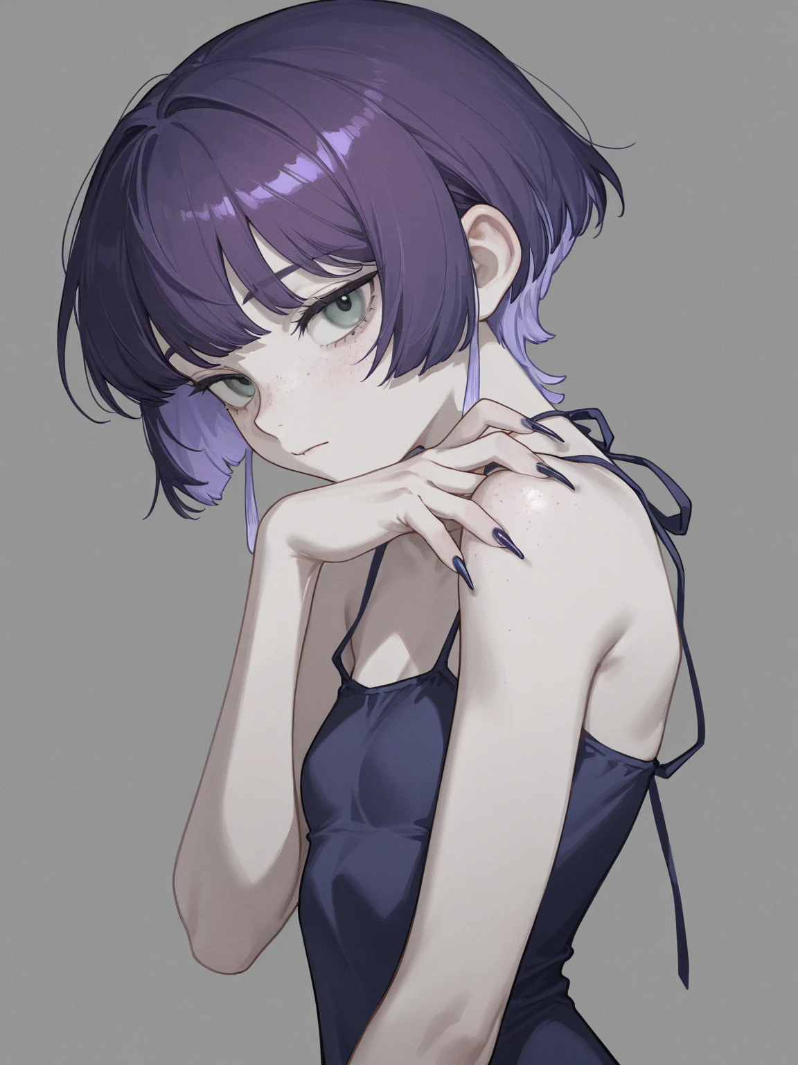 (scar, scar on face, burn scar, muscular female)(high-quality, breathtaking),(expressive eyes, perfect face)(scar, scar on face, burn scar) 1girl, female, solo, young adult age, Vibrant lavender color hair, purple eye color, spiky fluffy hair, short hair length, Symmetrical Eyes, portrait, neutral expression, grey background, headband with ribbons, fantasy clothing, sleeveless black shirt, narrow eyes, feminine face, warrior, Sidecut hairstyle, Shaved hairstyle, Subtle Side Shaved Bob
