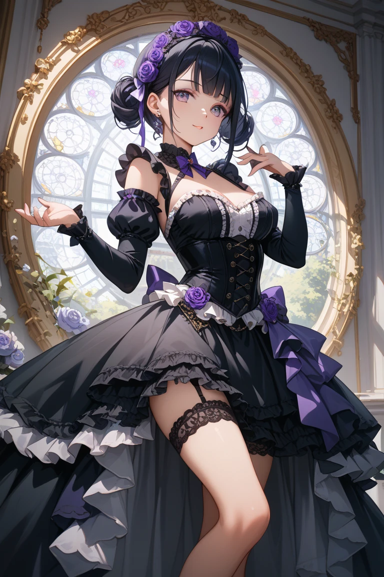 ((Biologically correct limb count)),(( From head to toe,Full-body photo including face)),4K,((Standing position)),masterpiece,((Focus on the face)),((Symmetrical facial features)),Eyes with detailed description,Beautiful woman,Great style,Beautiful arms,Beautiful legs,Beautiful Hands,(Small Ass,Thin thighs),Detailed depiction of the face,Small earrings,necklace,(Purple enamel maid outfit、mini skirt,((Black high heels,Black patterned stockings))),Realistic photo,Lying on the linoleum floor,Low angle photo,A little panchira,Rose petals are scattered all around、Blue Eyes