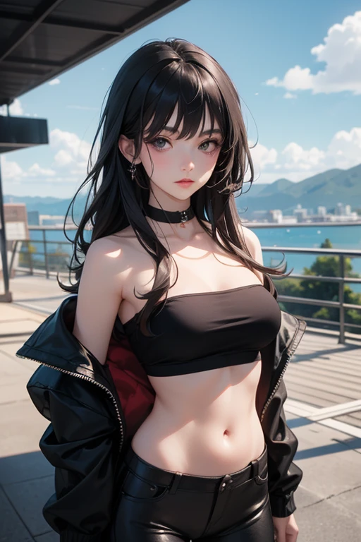 (masterpiece), Highest quality, One girl, 8-year-old, Cute girl, Brat, Flat Chest, Black Hair, Very long hair, Hair not tied up, View your viewers, She is wearing a bright red leather collar.,
Not wearing a bra, Strapless clothing, White lace outfit, Nipples protruding from clothing, Erect nipples covered with lace frills, Belly button, Breasts protruding, Expose the clavicle,
denim micro mini shorts, Extremely low cut shorts, Extremely low rise shorts, Ultra-short shorts that show off your V-line, Expose your hips, Not wearing panties, I can't see the strings of her panties around her waist..,
Shorts are unbuttoned, She unzips her shorts, Open the front of your shorts, She pulls down her shorts, She has taken off her shorts so you can see her crotch, her pussy is visible, She purposely shows off her pussy, I can see the crotch lines, she has no pubic hair,
White thigh-high socks, Walking around town, Standing in a crowd,