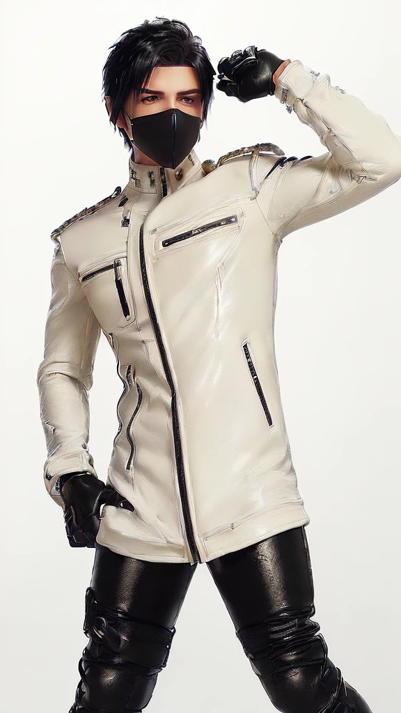 Final fantasy taste and reality graphics, Japanese young cute and cool ikemen boy, his age is early 20s, thin eyebrows and beady eyes, ((he wearing off white color leather thick material jacket)), ((jacket is singlebrest)), biker style jacket, with epaulet, jacket is long sleeve, ((must close the front of the leather jacket)), , ((voluminous leather jacket)), ,((must jacket is high length and stand-up collar)) ((jacket collar with two belts)), ((jacket is a little black color line pattern)),((close the front of the jacket)), ((also wearing black thick material turtleneck lackluster shirts)), ((tight black leather pants)), ((must put on a black leather tight and thin glove both hands)), ((black leather knee-high raceup boots)),((must views head-to-toe)),((must views whole body)), ,((Do not show skin from the neck down)),leather jacket leather glove and leather pants have few wrinkles,boy in the prison room, Avoid showing your innerwear,zip up jacket fastner.
Boy touching owns private parts with right hand.
Bous face is expression of ecstasy.
Boy is black hair.boy looks like fashion model.