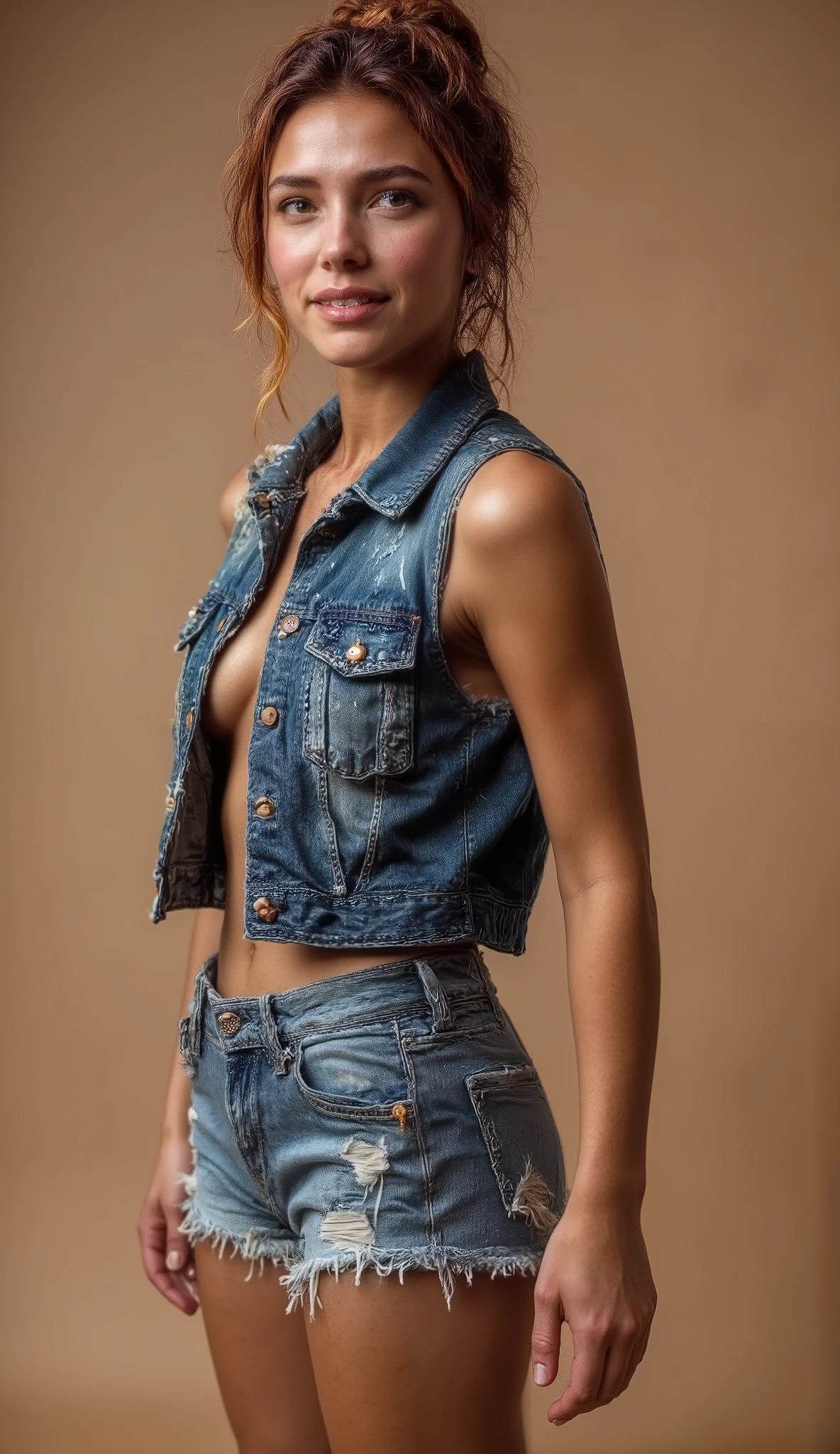 A light-skinned, young woman, positioned slightly off-center towards the left of the image, is the focal point. She is facing directly at the camera. Her light brown hair is styled in a high bun. She wears a denim jean vest, partially unbuttoned, revealing her upper torso and a tan, toned physique. She is wearing ripped denim jean shorts. Her facial expression is neutral, with a soft smile. Her eyes are light-colored, and her features are delicate. Her body is slender and athletic. The background is a muted beige, creating a simple and elegant backdrop that highlights the subject. The lighting is soft and diffused, emphasizing her form and the texture of her skin. The overall style is contemporary and sophisticated, focused on portraying a sense of sensual beauty and well-defined body shape. The composition is simple, with the subject filling most of the image's space. The colors are mainly muted tones, with light highlighting her figure, drawing focus on the subject. The atmosphere is suggestive of a fashion or beauty portrait.