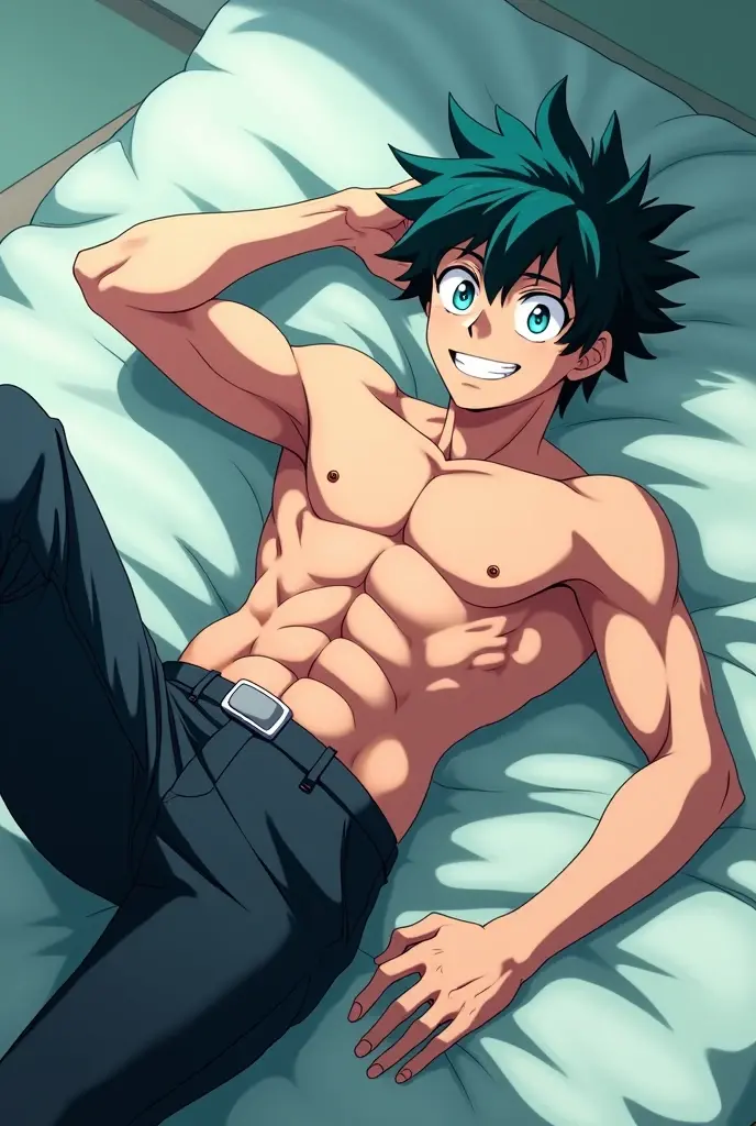 Boku no hero academia screenshot of a muscular boy dark blue hair blue green eyes shirtless lying on the floor face up smiling flirtatiously with Boku no Hero academia animation