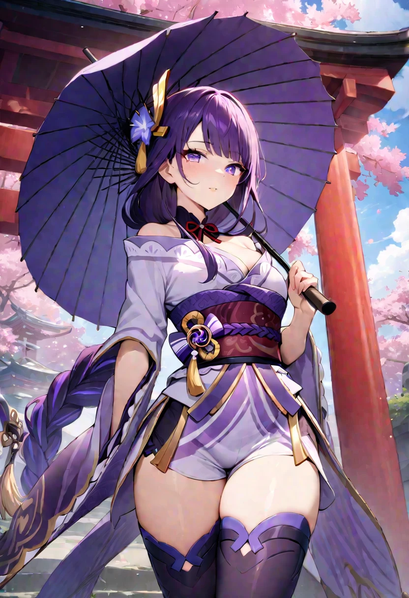 (masterpiece, best quality:1.4),(very aesthetic:1.4),1girl absurdres blunt_bangs cherry_blossoms genshin_impact highres holding holding_umbrella japanese_clothes kimono long_hair namito_nami outdoors parasol purple_eyes purple_hair purple_kimono purple_shorts purple_thighhighs raiden_shogun short_kimono shorts signature solo statue thighhighs torii tree umbrella