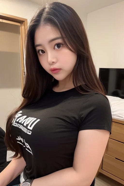 Best quality, high detailed, 8K quality, 4k resolution, Full body 23 years old chinese girl, blue colour on tip hair, random hairstyle, stunning hairstyle, necklace and piercing, gorgeous face, massive breast, long cleavage exposed, curvy body, wearing Erotic Flannel Shirts: Often worn over graphic tees or band shirts, massive breast and huge butt, playful expression, pose with both hands