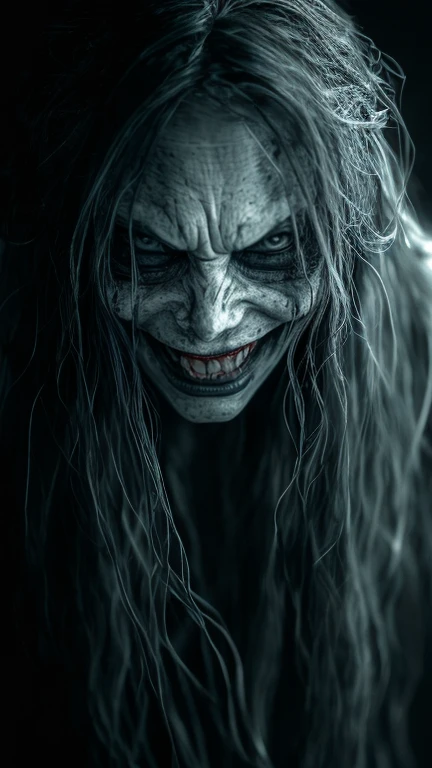 (best quality, masterpiece:1.2), On a black background, a very scary and grotesque-looking woman has a ghostly face with long flowing hair, smiling evilly and scaring people. ,ultra-realistic, cinematic, high detail