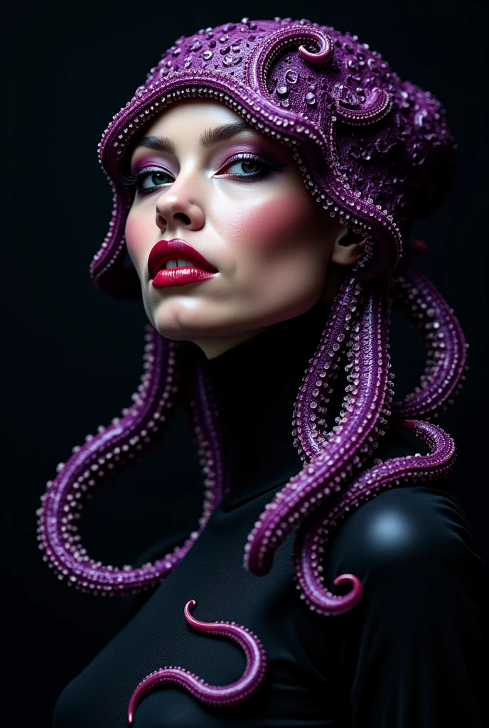 Psychedelic style (Drawing:1.3) of (Ultrarealistic:1.3),(Peaceful:1.3) a woman with purple hair and a black dress, black and violet costume, avant garde fashion model, iris van herpen baroque dress, long flowing medusa hair, in style of dark fantasy art, very beautiful goth top model, styled like ghost in the shell, high fashion fantasy, beautiful elegant demon queen, avant garde supermodel, inspired by Jean Delville <lora:Tentacle-FFashion-LoKr-1:1> TentacleFFashion, (detailed facial features), (detailed tentacle features), toilet Extremely high-resolution details, photographic, realism pushed to extreme, fine texture, incredibly lifelike,(Cyan hue:1.3) . Vibrant colors, swirling patterns, abstract forms, surreal, trippy
