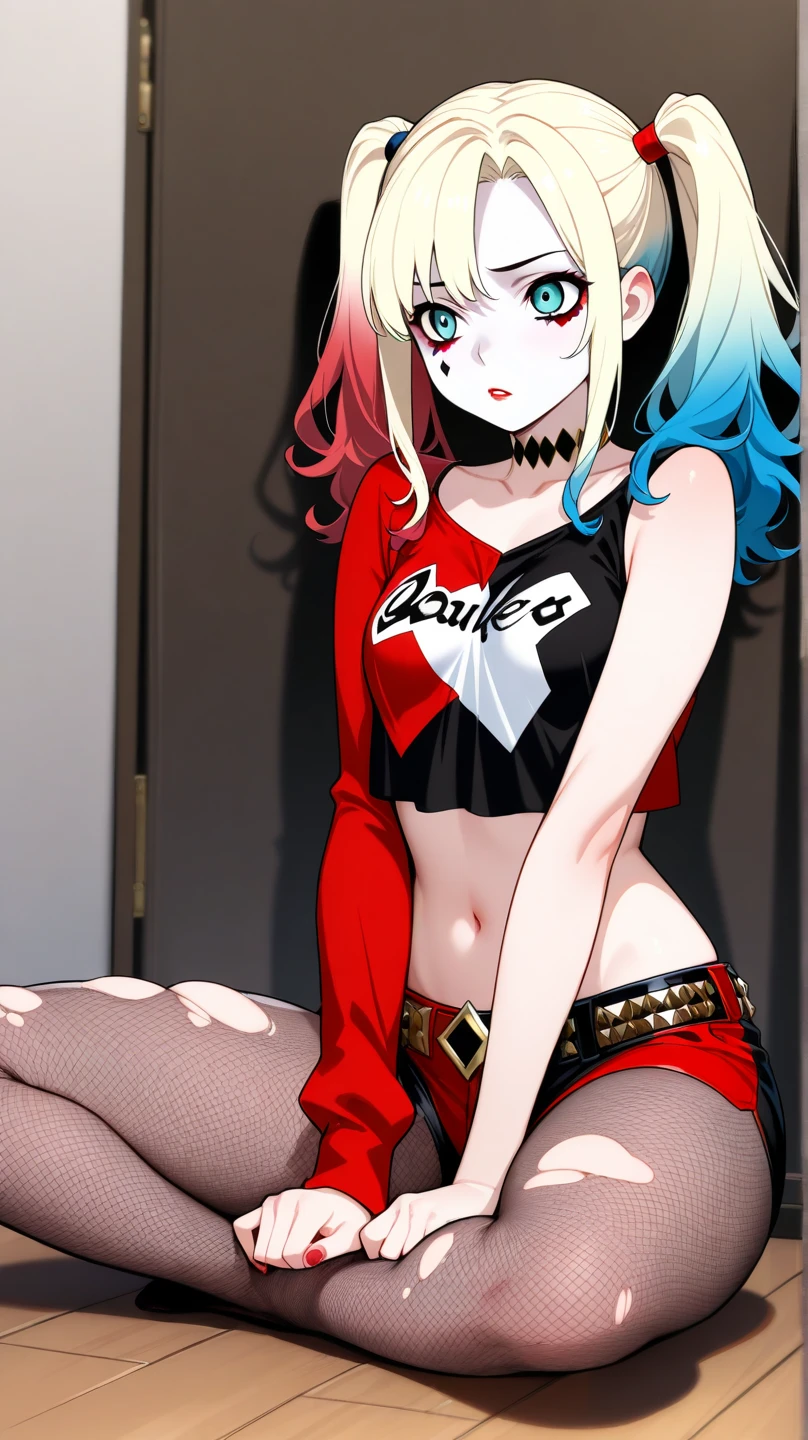 Make me a Harley Quinn with a beautiful face showing her ass