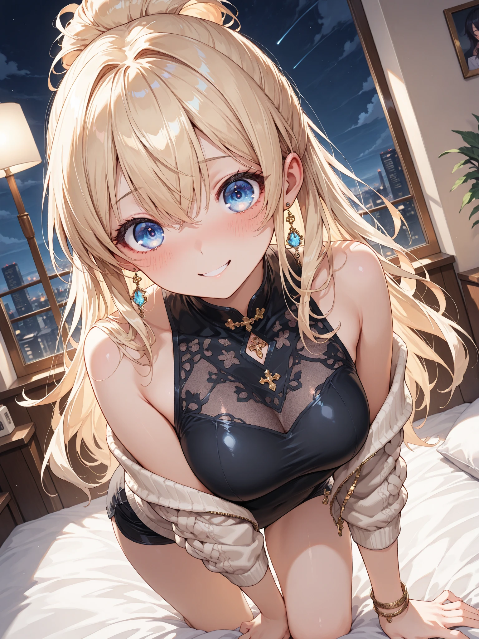 ruri, rope around neck,
BREAK (thighhighs, white shirt:1.2),
BREAK leaning forward, looking at viewer, smile,
BREAK night sky,
BREAK (masterpiece:1.2), best quality, high resolution, unity 8k wallpaper, (illustration:0.8), (beautiful detailed eyes:1.6), extremely detailed face, perfect lighting, extremely detailed CG, (perfect hands, perfect anatomy),