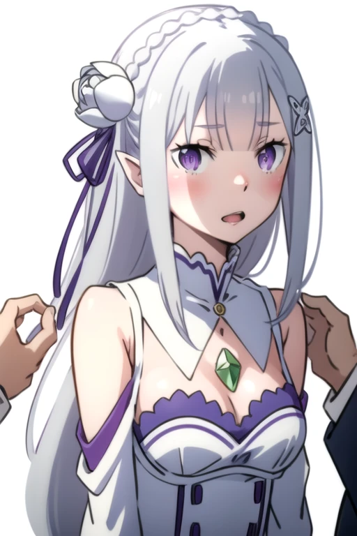 masterpiece, best quality, very aesthetic, absurdres, newest,1girl,upper body, (contempt, disgust,shaded face,looking at viewer,frown),heart-shaped gesture,,emilia_(re:zero), re:zero_kara_hajimeru_isekai_seikatsu,1girl, elf, pointy_ears, white_hair, long_hair, purple_eyes, hair_flower, dress,flower, gem, green_gemstone, hair_ornament, hair_ribbon, purple_ribbon, bare_shoulders,grasses and flowers