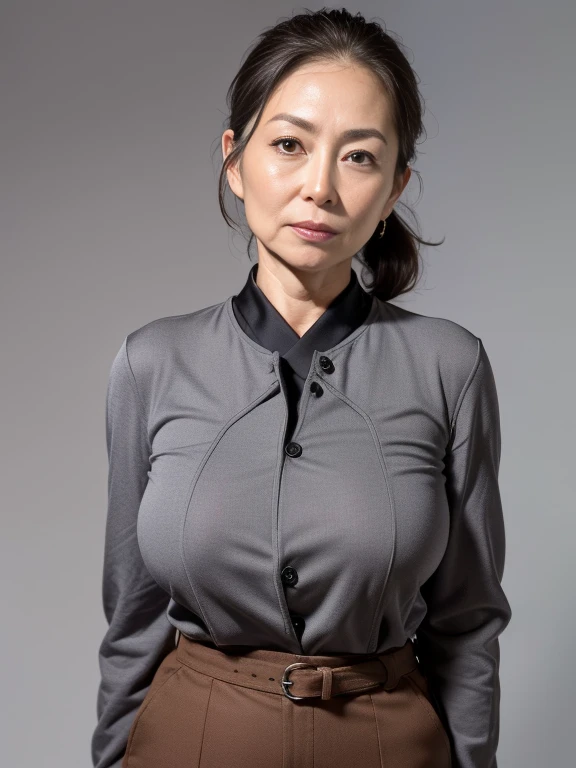 (masterpiece:1.4),(Beautiful 61 year old woman:1.5),(Facial wrinkles : 1.2), (facing away : 1.3), white skin, pores, skin blemishes, dull skin, gentle smile, bob hair, maternal, Mature Woman, upper body shoot, office worker, (smooth fabric), (polyester black vest with button), black pencil skirt, white short sleeve shirt, (fat arms : 1.25), (plump arms : 1.25), (focus on upper arms), working at bank, detailed backgrounds, 