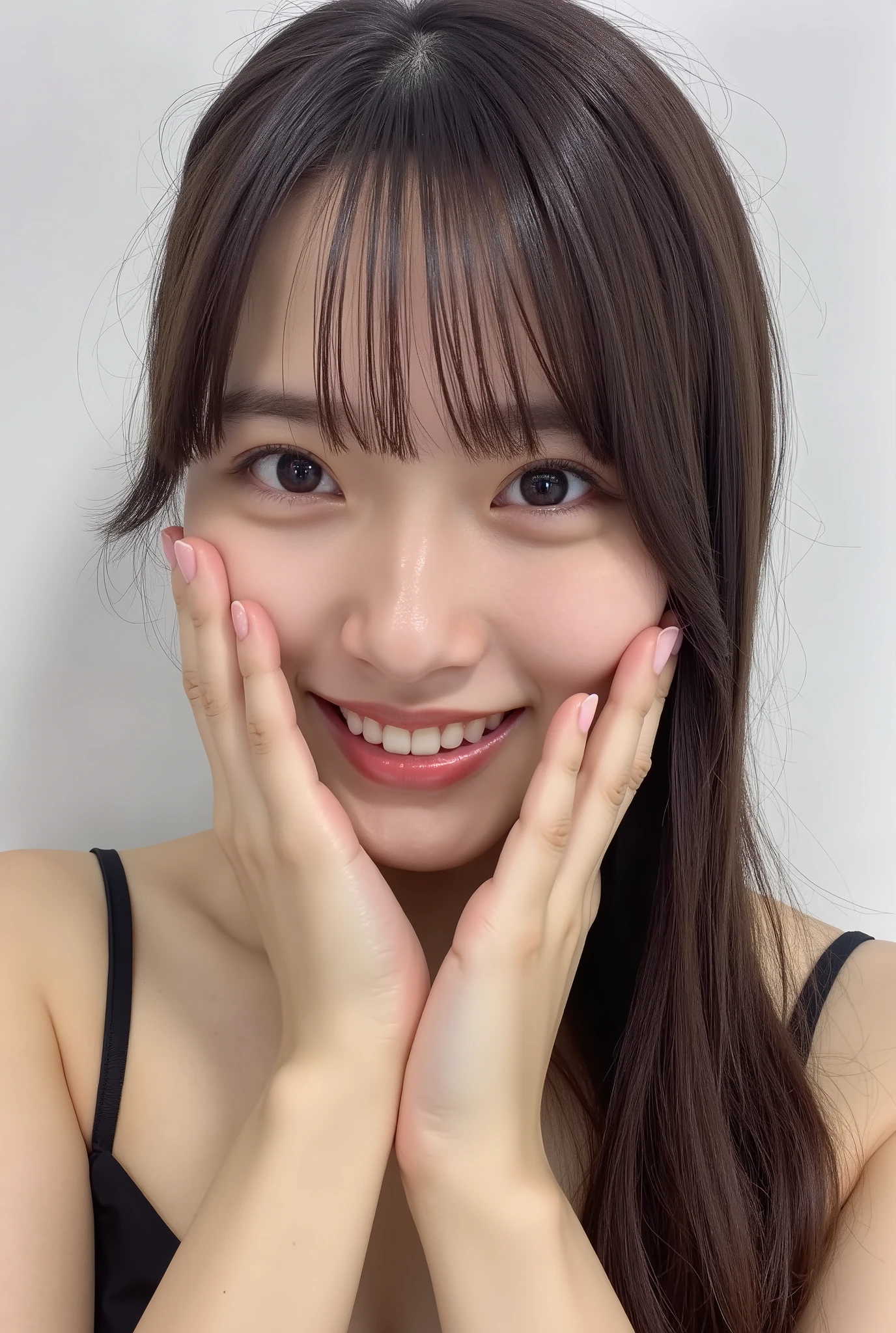 An extreme ultra close-up, hyperrealistic portrait of an overwhelmingly beautiful young Japanese woman, photographed in immaculate cinematic soft light. Her face fills 95% of the frame, captured in exquisite high-resolution with ultra-fine skin texture, visible pores, soft translucent peach fuzz, and a natural glossy finish like a luxury cosmetic advertisement.

Her expression is melting with affection, bashfulness, and uncontainable giddy euphoria. Both hands gently cup her flushed cheeks, fingers delicately curled and slightly open, as if trying to physically hold back her overwhelming feelings. Her deeply blushing cheeks radiate emotional warmth.

Her lips are parted in an uncontrollable, dopey smile — the corners stretched wide in a goofy grin. Her upper teeth are clearly visible, shown through a relaxed, helpless smirk that radiates silly joy and lovestruck amusement. It's the kind of grin that says she just can't stop smiling. The mouth glistens slightly with moisture, the smile loose and breaking down into total affection.

Her large, misty eyes are the emotional core: subtly out of alignment from each other, softly glazed and unfocused as if in a dreamy trance. She gazes downward slightly, with a vague, love-drunken look—lost in affection. Her irises are layered with multi-dimensional sparkles, including **multiple faintly floating heart-shaped catchlights** in different depths of her pupils and lens reflection. They shimmer with crystalline inner structure and glowing rainbow reflections, giving her a spellbound, otherworldly charm.

Her head is slightly tilted forward, chin tucked in, posture leaning toward the viewer in a vulnerable and affectionate gesture. Her gaze, though unfocused, still magnetically pulls toward the viewer with a blissfully dazed grin.

She wears a black camisole with one strap barely clinging to her shoulder, softly slipping, visible in soft peripheral blur. Background is pure white with dreamy bokeh; depth of field is extremely sha