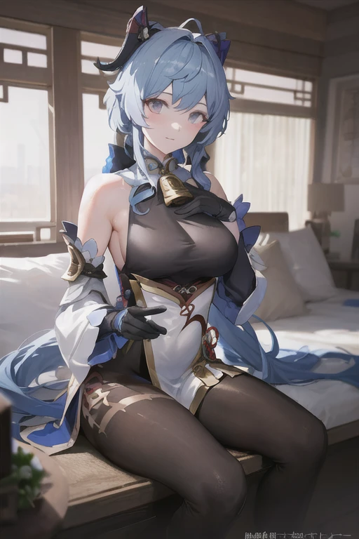 1girl, Ganyu, black halternecked leotard, a white and purple bodice with gold trim and long ends similar to a tailcoat, black tights with gold accents on the legs, with a separated pair of sleeves to match, a pair of gray high heels with black soles, blue orb rests on her left hip with a red cloverleaf knot, she wears a partially flattened golden bell around her neck tied by a ribbon with xiangyun motifs, sky blue hair, deep red ram horns with black vertical stripes, purple to yellow gradient eyes, seated in a chair with her hands resting in her lap,