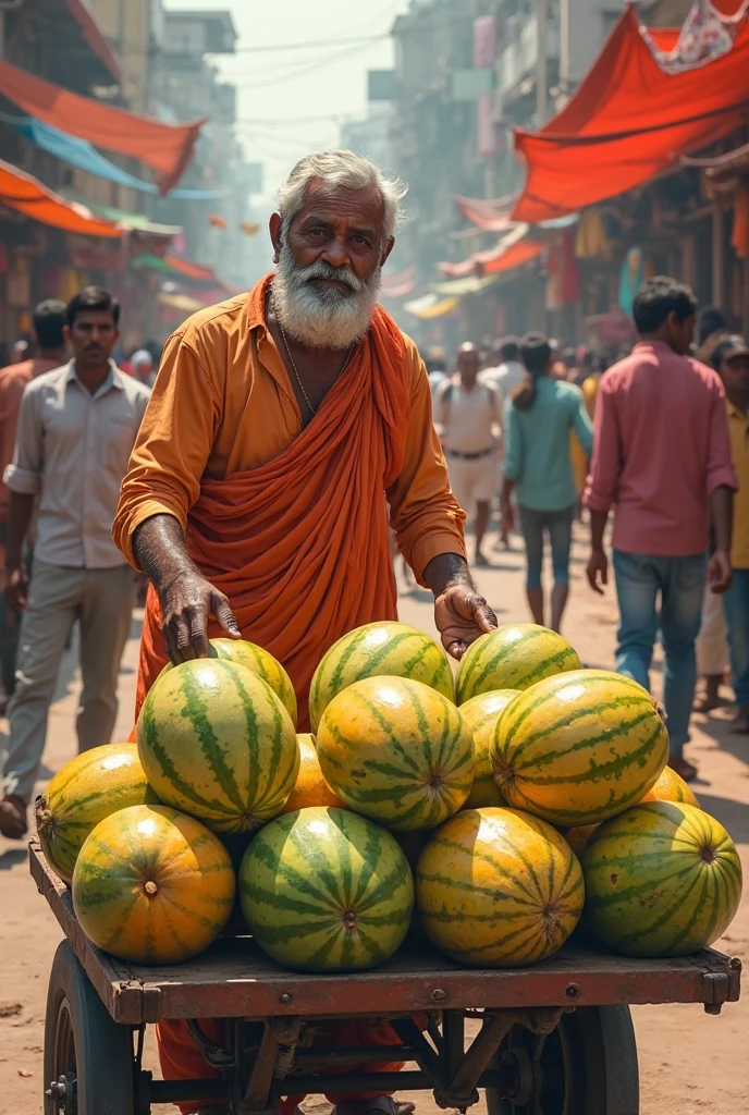 old man indian hairy monk holding a mango in his hand