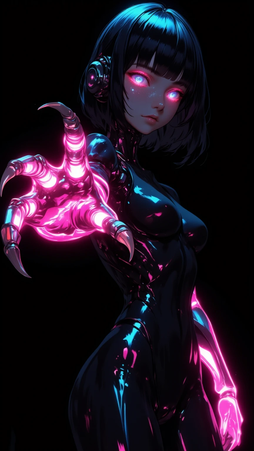 1 boy,1 cyborg, dark cyberpunk aesthetic, tall and thin, with an upright and threatening posture, covered in black and dark metallic armor, futuristic combat suit, many details with a mixture of advanced technology with biomechanical elements, face and head with very white skin pale and cracked with marked veins, marked scars on her face, leaving only her eyes and a part of her forehead exposed, Her eyes cut like a snake, dark and penetrating, adding a sense of danger and mystery, The character is covered in cables and mechanical components, especially in the arms and torso, The cables hang and tangle around his body, giving an impression of technological and biomechanical complexity, there are articulated metal segments and technological pieces that look like part of an armor or exoskeleton,