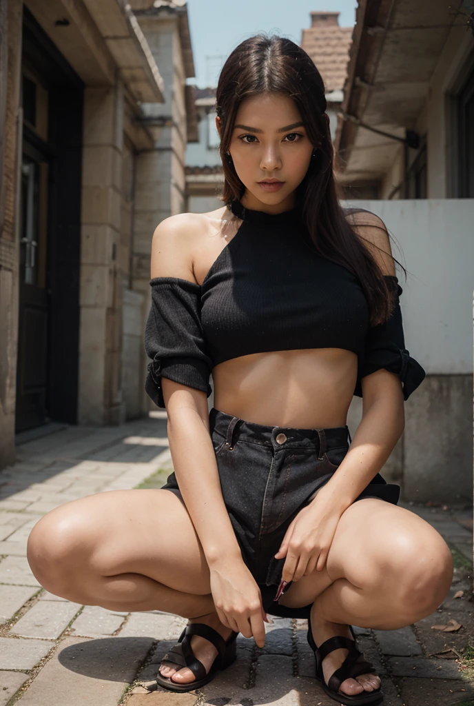 Dslr photo, (extraarms:1.2), (8k, 4k, masterpiece),beautiful pretty filipina asian woman, punk, outdoors, street, sleeveless black cropped shirt, bare midriff, short dark hair, bracelets, arm bands, blurry background, (upper hands on head), (lower hands on ankles), (lower hands on legs), boots, full subject in frame, full body view, sitting on bench, facing viewer, (extraarms:1.2), (four arms), slim body