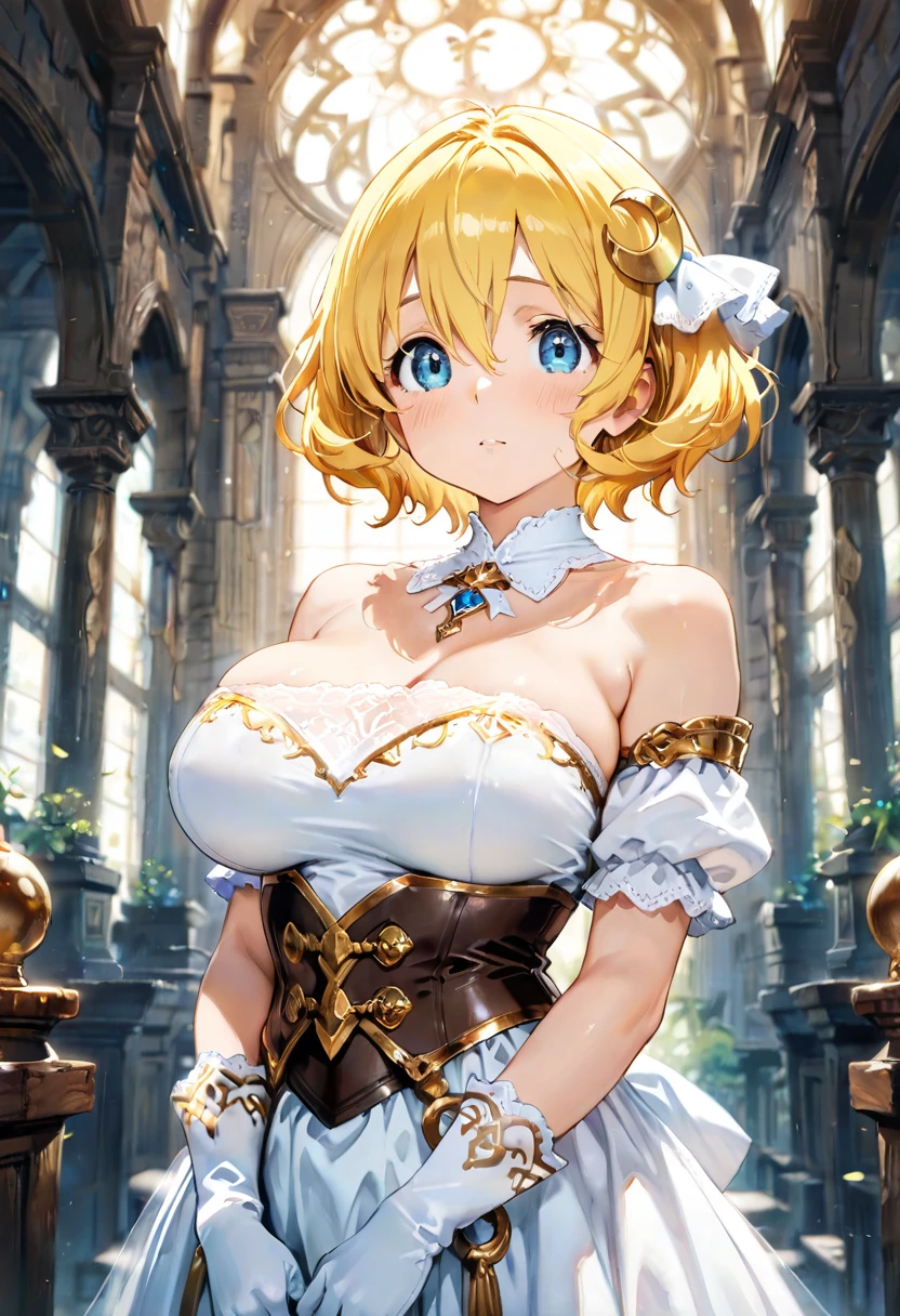 "(masterpiece:1.1), best quality,
1girl, (80s anime style:1.3), (eyelashes:1.5), (loli:1.2),
(intricate high detailed body:1.2),
(yellow hair:1.1), (blunt bangs:1.1), (short hair, french braid:1.1), (flower brooch, hair ornament:1.2),
blue eyes,
(muscular body:1.1), (gigantic breasts:1.5),
(naughty face:1.2),
(lace leotard armor, criss-cross halter:1.2), (pantyhose:1.2),
(belts:1.1), (earrings:1.1), neckwear,
standing,
(upper body, cowboy shot, looking at viewer, from front:1.1),
(daytime, grassland, outdoors:1.2)"