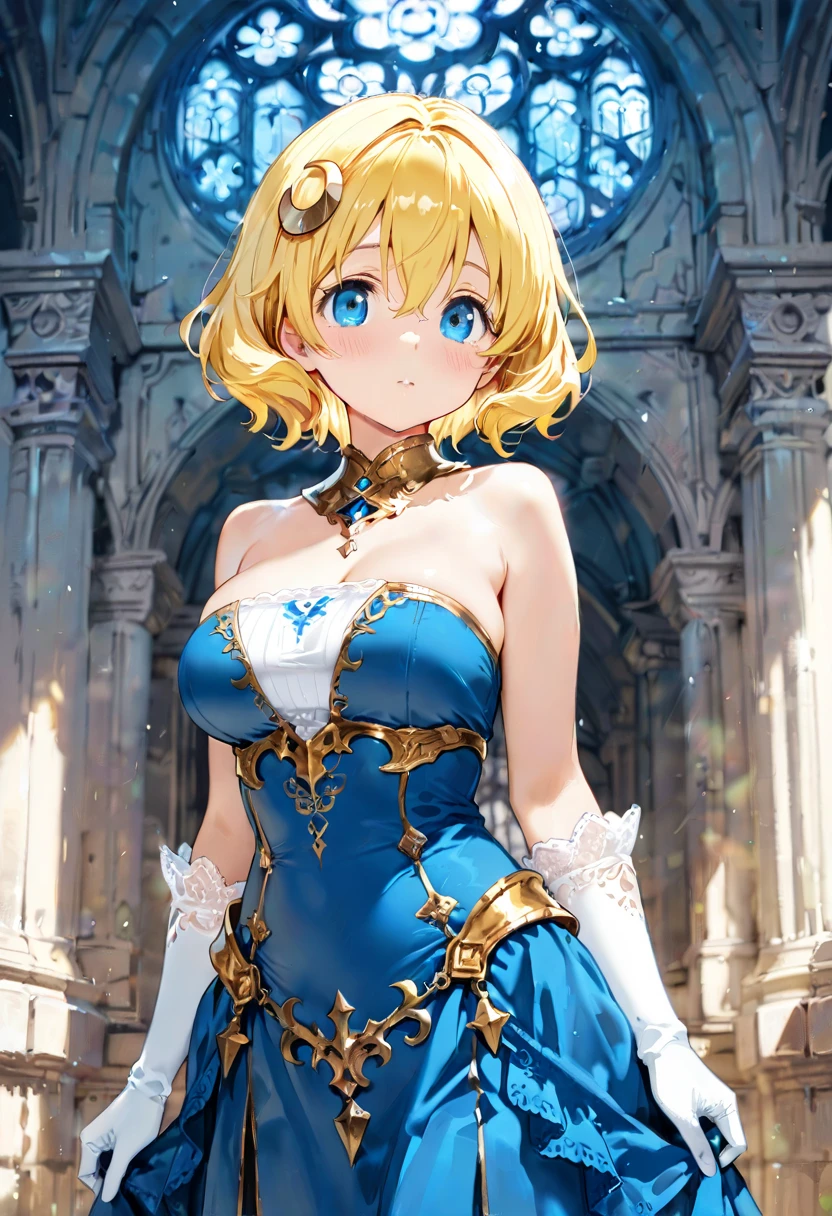 (4K、high resolution、High resolution、Detailed light、Detailed Shadows、Detailed Design)、1 girl、Blonde、Short hair that is not too long、Fluffy curly hair、Blue and black clothes、(Aggressive design)、((Modest chest、Smaller breasts))、leotard、Shameless、