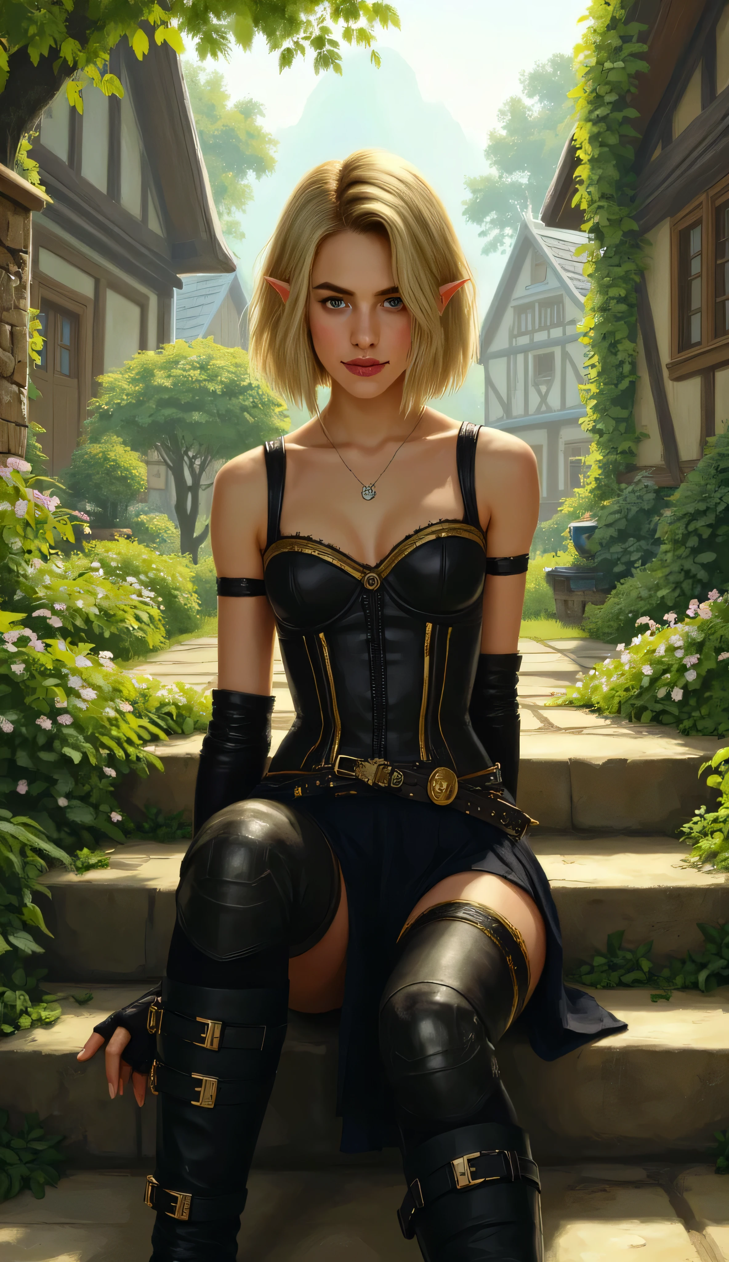Margaret Qualley as Sera, Dragon Age, beautiful young elf, sitting peacefully, on stone steps, sunlit garden, short blonde hair with a straight bob cut, pointed elven ears, sleek outfit, fantasy rogue-style ensemble, black and gold corset-style top with straps, fingerless long gloves, short skirt with leather belts, thigh-high leggings with metallic details, elegant dark boots with gold buckles, soft and natural lighting, dappled sunlight filtering through nearby trees, green grass, small flowers, wooden buildings, peaceful medieval fantasy village, high-detail digital artwork, semi-realistic anime style, warm tones, calm inviting atmosphere