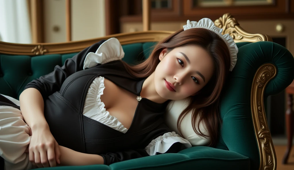 Korean maid，Being in a hotel，on top of the bed，(Lying on her back in bed:1.5)，(Open your legs:1.2)，(The legs are lifted by the man and placed on the shoulders:1.2)，(Being touched by men:1.5)，(Being stroked by a man's crotch:1.5)，Top-down view，
（（（tmasterpiece）））， （（best qualtiy））， （（intricately details））， （（ultra-realistic realism））， Ridiculous res， A MILF， Mature woman， ssee-through， highly  detailed， illustratio， 1. Mature women， （（Large breasts））， (areola of breast)，perfect hand， detailed finger， Beautiful detailed eyes， Wavy curly hair，with brown eye， name badge， vd， （the maid outfit:1.2）， aprons， Get wet，The breasts were about to spill out of the clothes， (Pink suspender stockings:1.1)，neck rings，耳Nipple Ring， detailedbackground， Bedrooms， perfect  eyes， Seductive eye，Cocked buttocks，Reddened face，(weeping:1.2)，Confused eyes