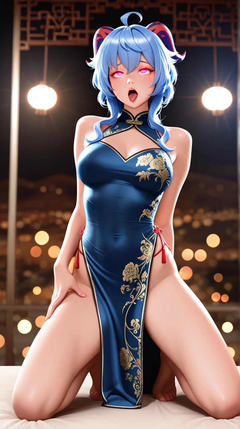 very young slim fit girl, full height, rounded face, (blue hair:1.4), long straight hair, (big blue eyes:1.3), shy smile, perfect small breast, look at you, (clean scene:1.4), accurate small nose, nipples trough clothes, no underwear, red dress, satin, sparkling, holds hands behind back, light muslin dress, bottom view, samantha, mfbp1