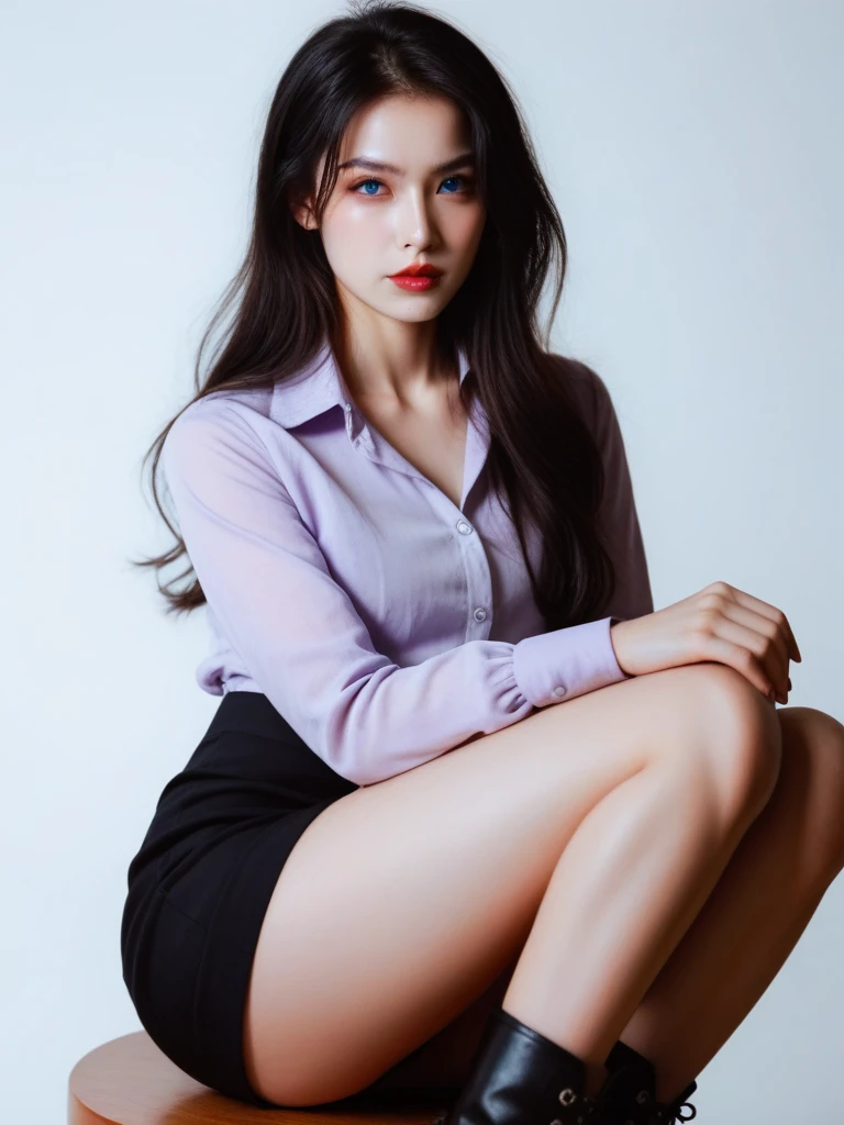 Best Quality, Photorealistic, 8k, High Resolution, 1 Girl, Female, (Middle: 1.8), Office, Pubic hair visible, Dark blue suit, Red sheer underwear, Skirt twisted, Work, Sitting in chair, iu1