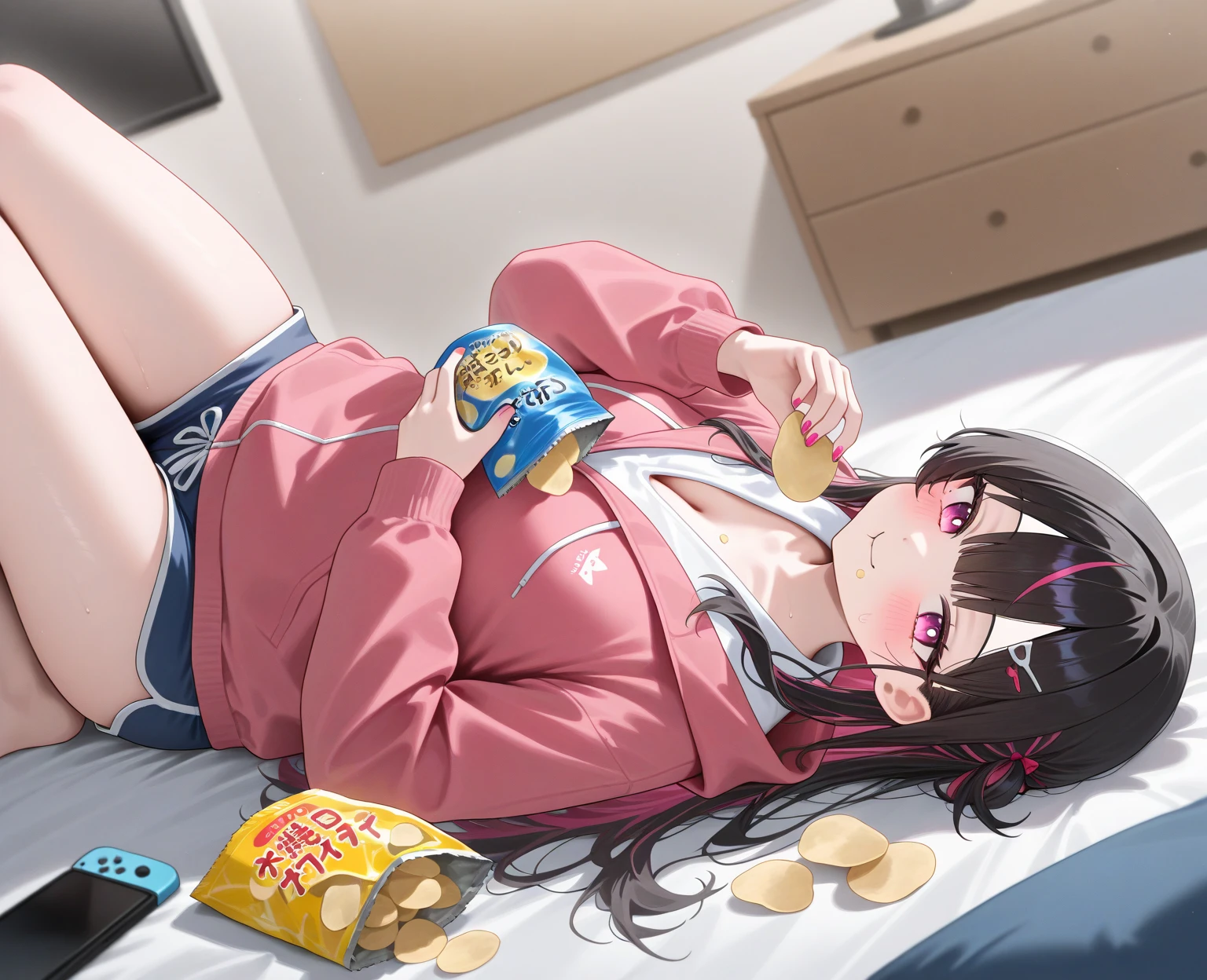 One girl,Black Hair,Pink eyes,(blush:1.1)、Embarrassed face、 ((Heavy breathing:1.3)), like, smile、Big Breasts、whole body,I'm eating ice cream,Sexy pose