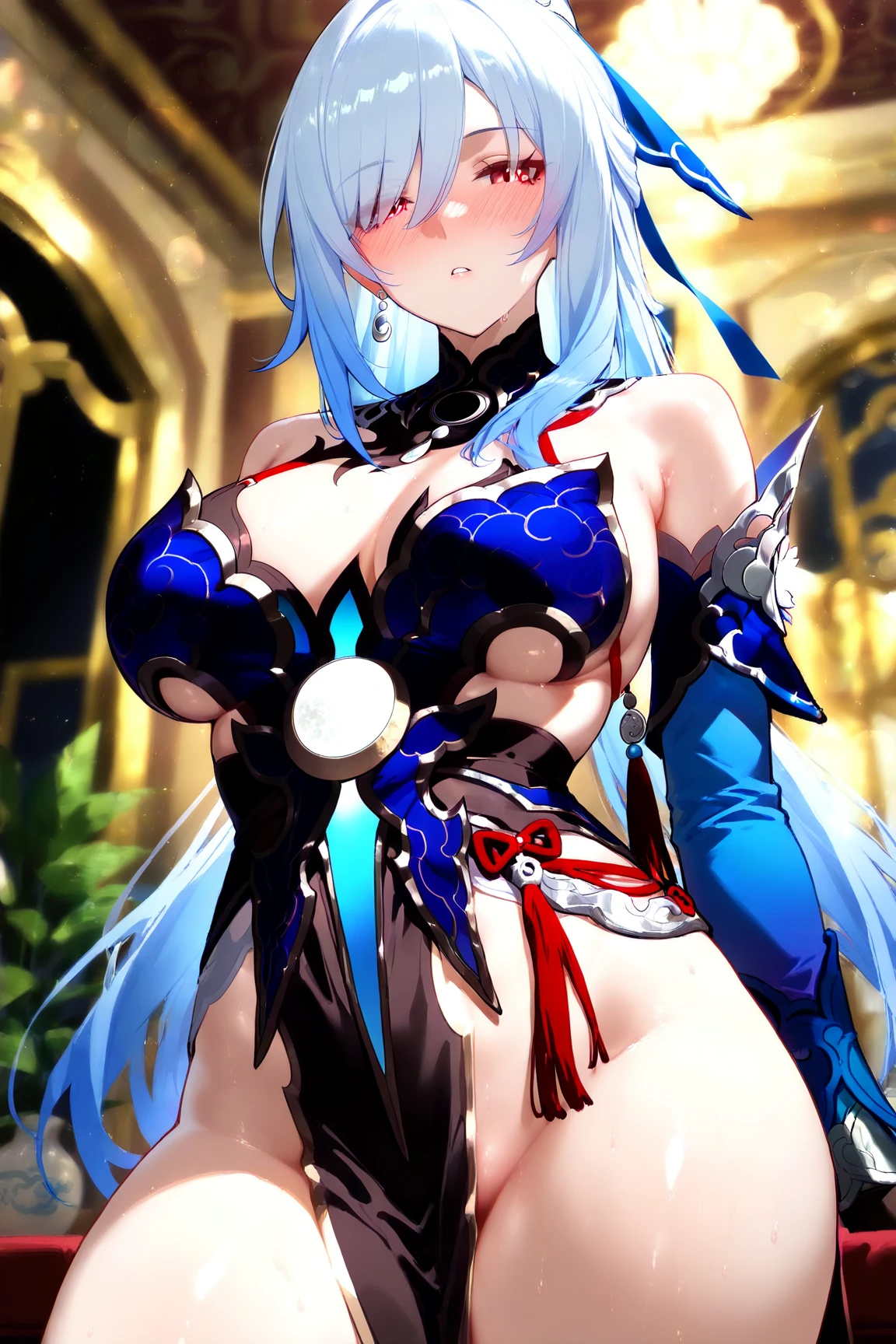 (masterpiece:1.37), best quality, (extremely detailed:1.37), (1girl:1.5), woman, (mature:1.5), (adult:1.5), jingliu, white hair, long hair, ponytail, hair ribbon, red eyes, earrings, jewelry, black dress, silk dress, transparent dress, (extremely tight dress:1.5), (extremely detailed eyes:1.37), (wetting self:1.5), desperation, embarrassed, humiliation, blushing, angry, cherry blossoms, garden, (golden hour:1.5)