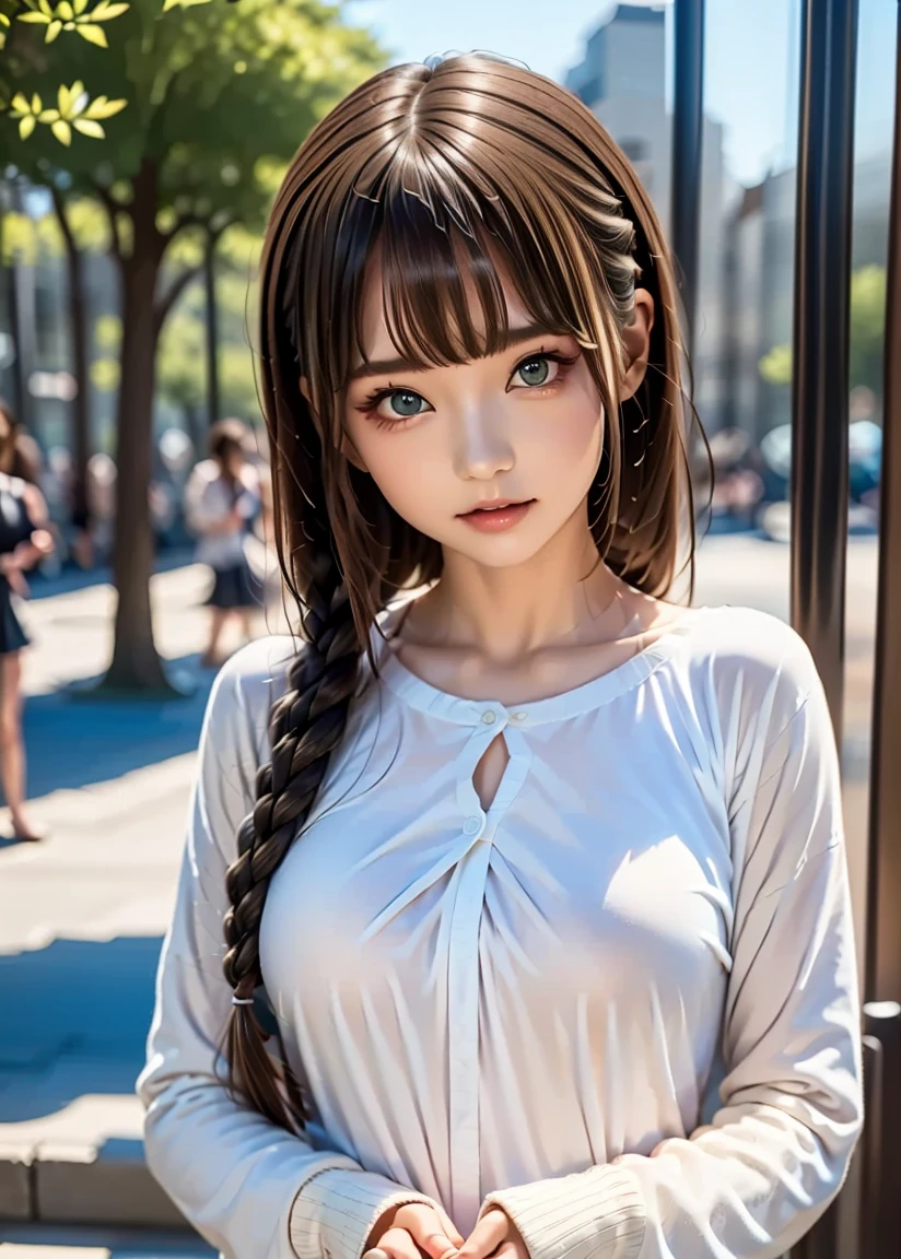 1 female,perfect 20 year old,Gal,smile:1.3,(Brown eyes),(( 8k,masterpiece,Perfect Anatomy)),Cowboy Shot,(Beautiful and exquisite face and eyes,gorgeous eyes:1.3),  break  ,Brown eyes,  break  ,Blonde:1.3,bangs,  break  ,smile,blush,Small breasts,((Black backpack))、break   ,Are standing,on the road,Shibuya Station、Tokyo、((Background blur)),Red dress、french braid