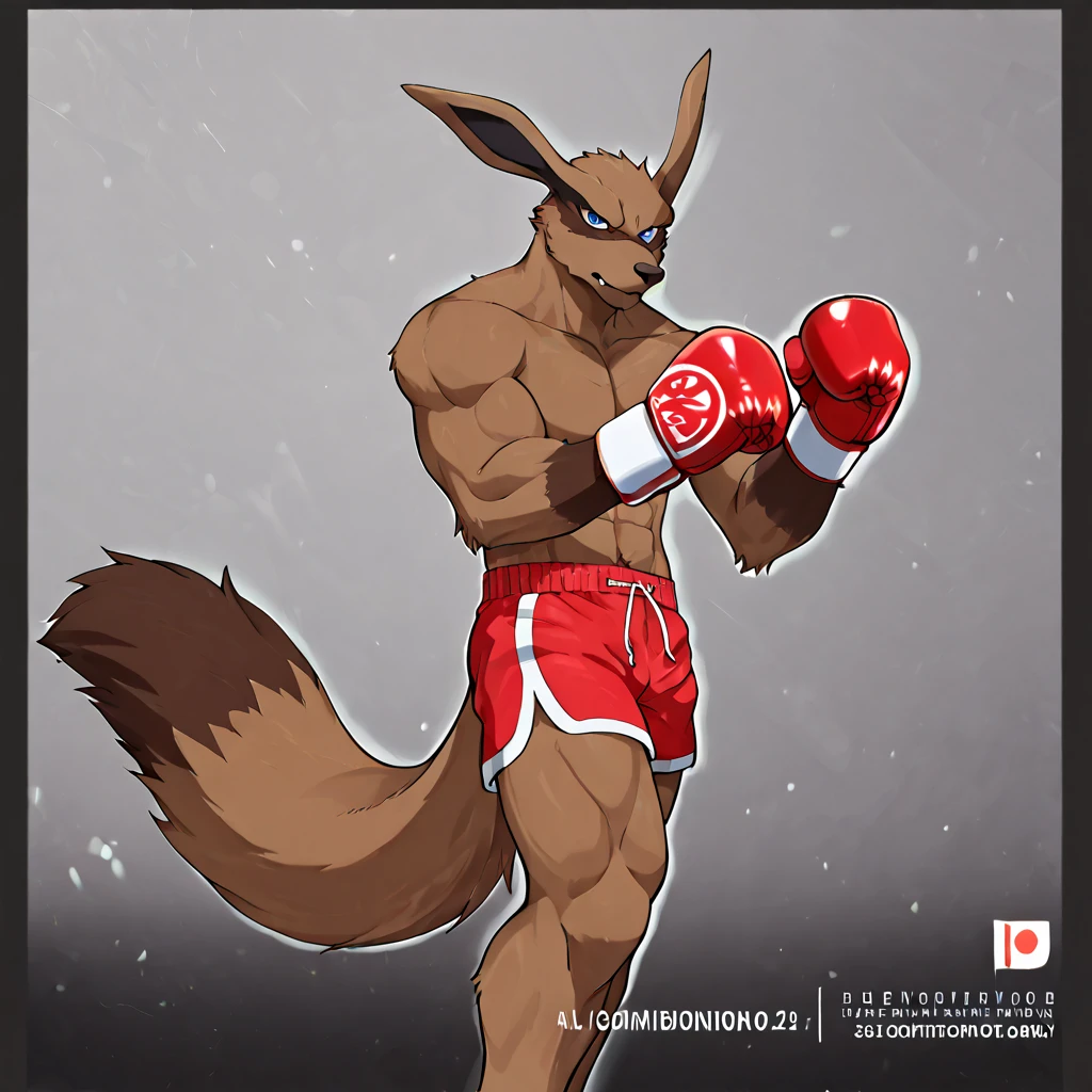 ((Best quality, masterpiece, detailed anatomy, detailed eyes, detailed hands, perfect lighting, perfect shading.)), by Buta99, by Zackary911, 1male, Wolf, brown furs, tight body, dark brown eyes, skinny chub body, young body, blue windbreaker, white underwear, at the white background