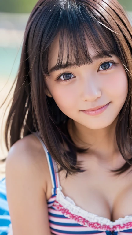 Super Cute Actress, Japanese, 18 years old, beach, long hair, brown hair, cabaret girl in plain clothes, Gravure Idol, dynamic angle, sexy pose, (8K/RAW development, best quality, 1.2x), Super Real, (Real, 1. 37x), portrait, high quality RAW color photo, super beauty, (Self Portrait: 1.2x), portrait, high quality RAW color photo famous idol, cute, super virgin face, white skin, smile, cute, young, pretty face, bare face, (Self Portrait: 1.2x), Portrait, High Quality RAW Color Photo, (Self Portrait: 1.2x), Portrait, High Quality RAW Color Photo, (Real: 1.37x)