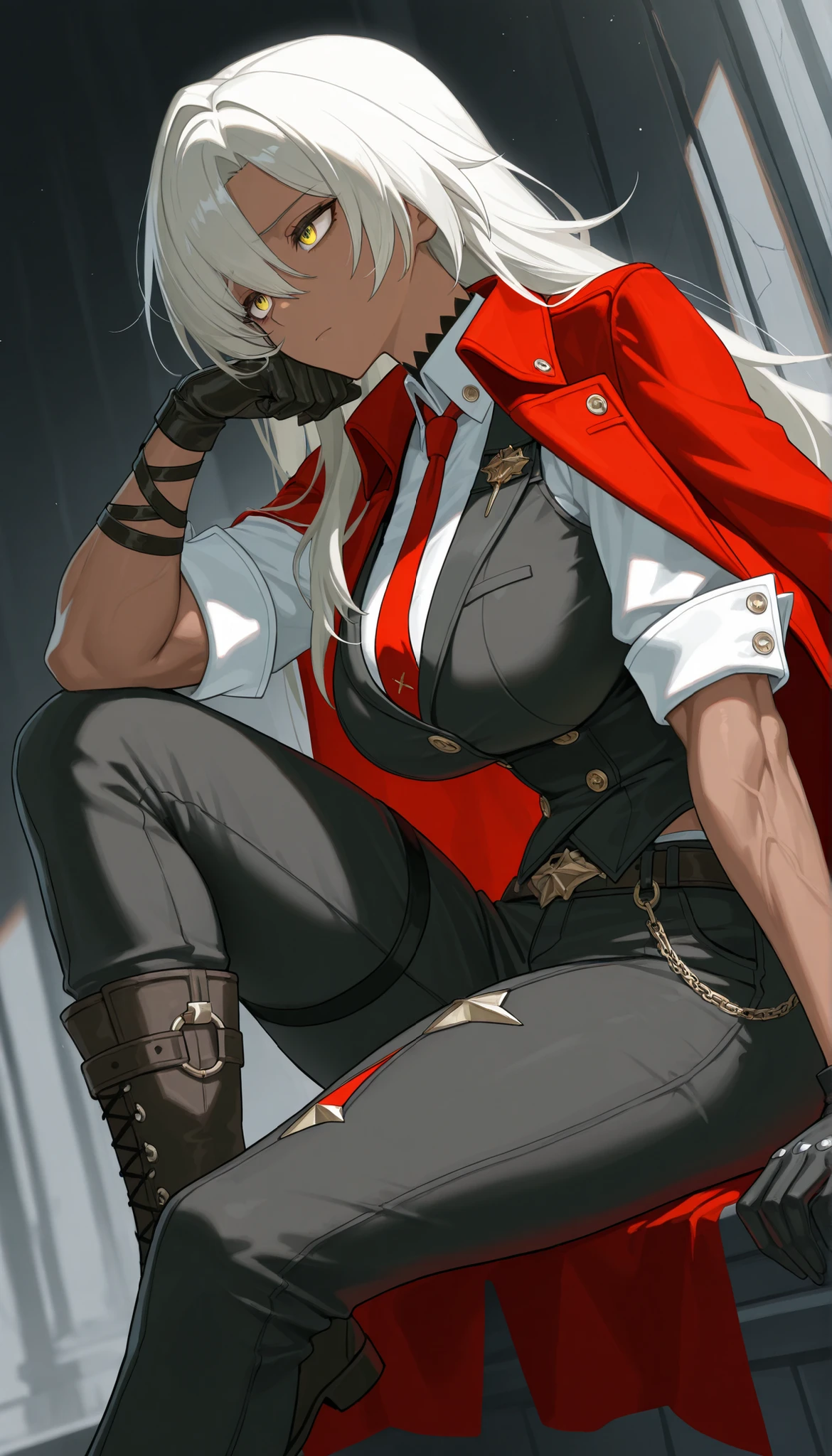 score_9, score_8_up, score_7_up, 1girl, solo, adult,female focus,dmc3dante, white hair, long hair, blue eyes, red jacket, black jacket, black shirt, black skirt, short skirt, black pantyhoses, open clothes, opened shirt, cleavage, standing, belt, smile, lying on side, lying on ground, head resting on hand, looking at you, hell, desolated place, from side,