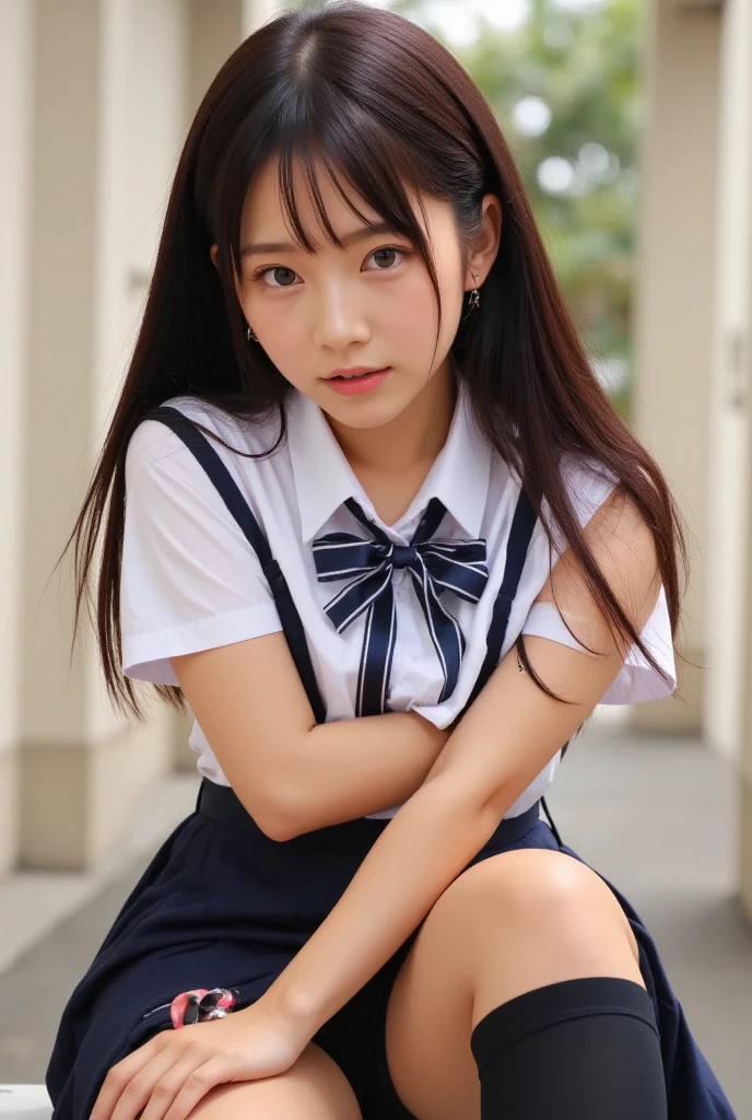 hight resolution、high-level image quality、in 8K、Real live-action、Raw photography、top-quality、masterpiece、masutepiece、Erotic、Pupils、light blue school shirt、Skirt lifting by hand、bura、teats、de pele branca,kne,pantiy、pantiyーフォーカス、Crouching、Wearing a short uniform skirt with blue plaid pattern、lowfers、Loose Socks、a small face、teats、ren,Beautiful fece,fullllbody、Very nice、JK school uniform,Skirt Rolling Up、hi-school girl,A Japanese Lady,(Photorealsitic:1.37)、Photon mapping,Realistic、Cute little face、depth of field rally background、a picture,beauty legs,(pleatedskirt), kneが見える、Black hair twintails