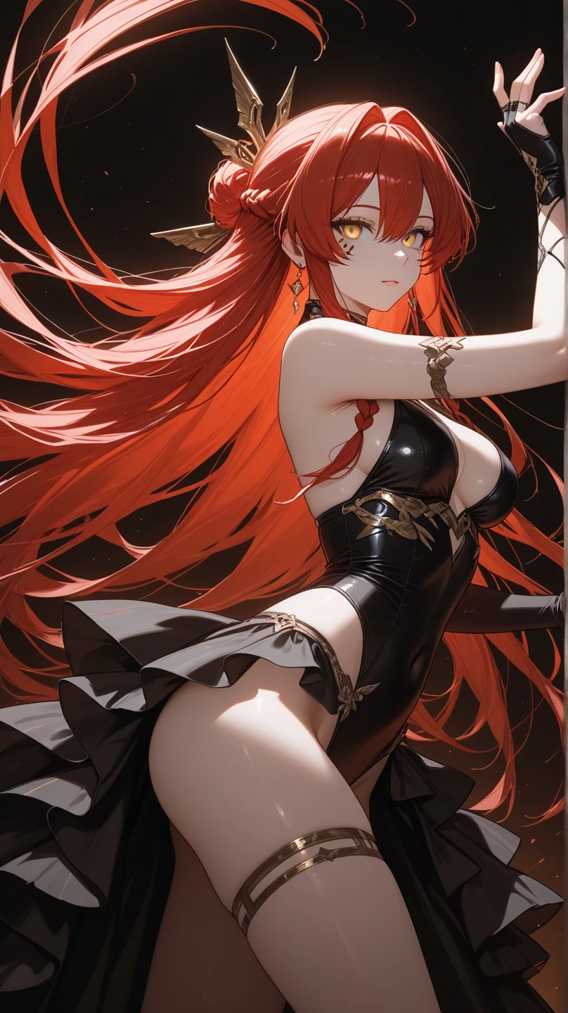 1girl, red hair colour, long hair, cute, villain pose, full white skin, body, black skimpy magician clothing, d cup breasts, thicc, big breasts, big hips, white skin, tall, standing, anime girl, 2d, 4K, masterpiece, high quality, looking forward, angry eyes, evil grin with fangs